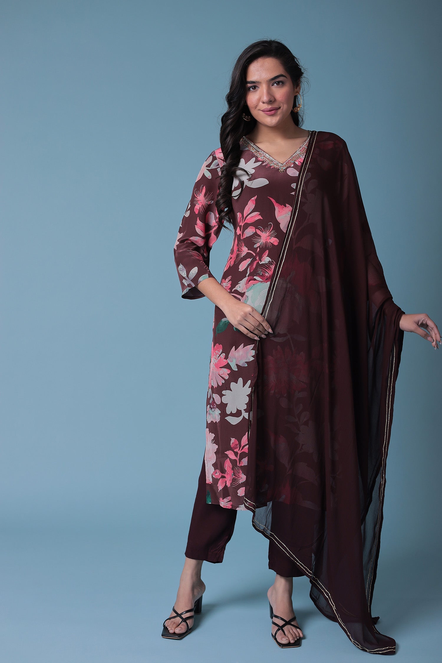 Printed Silk Blend Kurta Set with Embroidered work