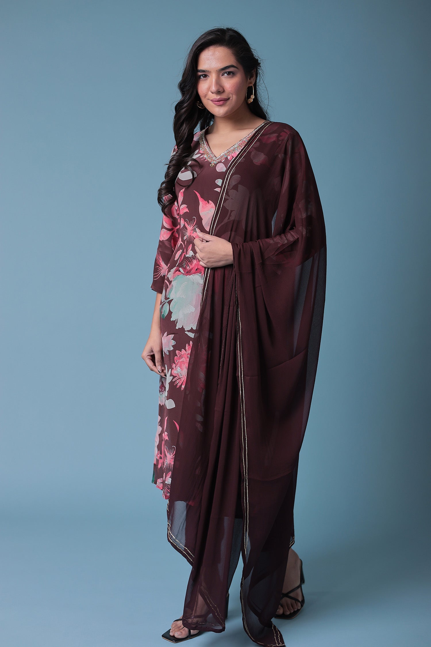 Printed Silk Blend Kurta Set with Embroidered work