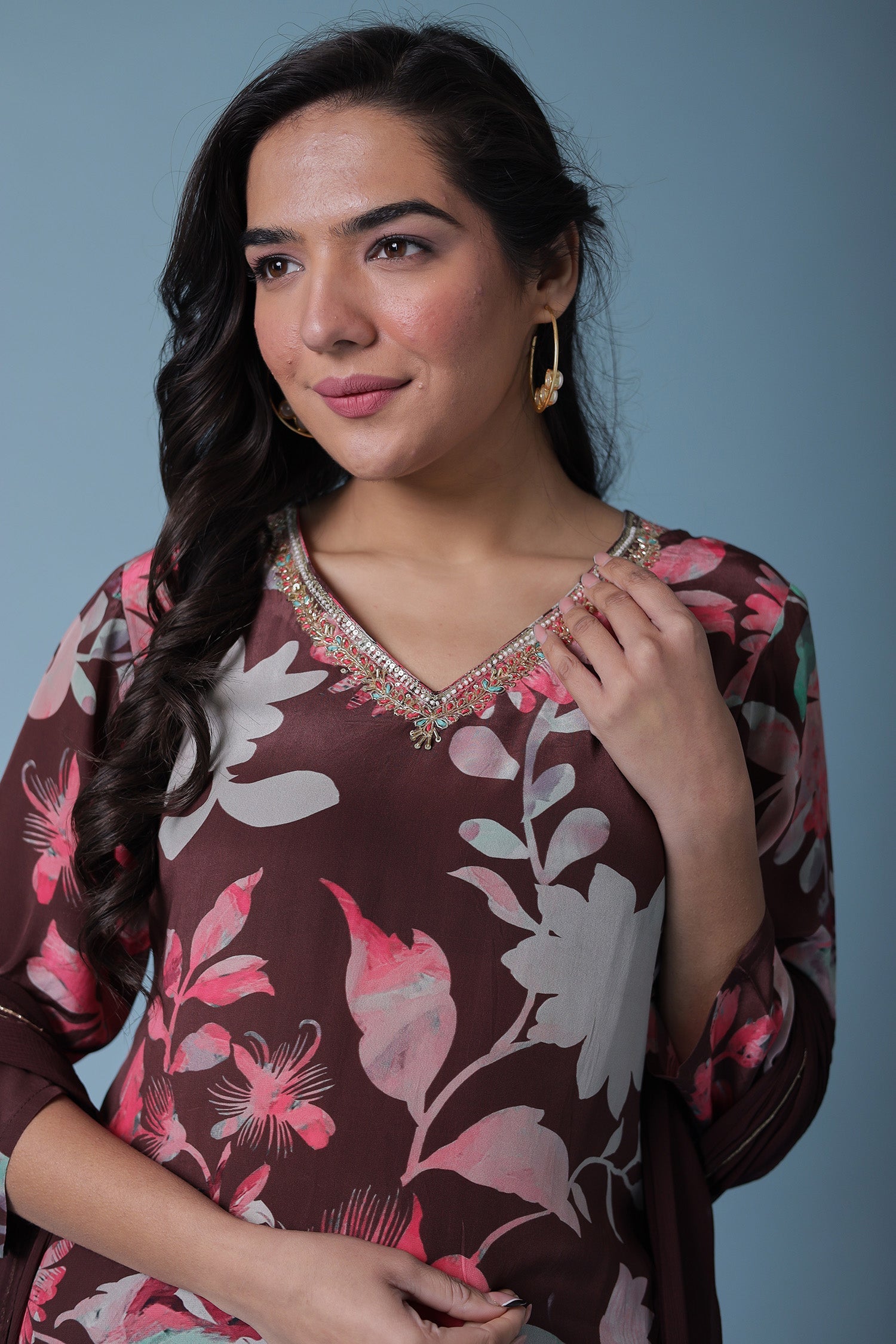 Printed Silk Blend Kurta Set with Embroidered work