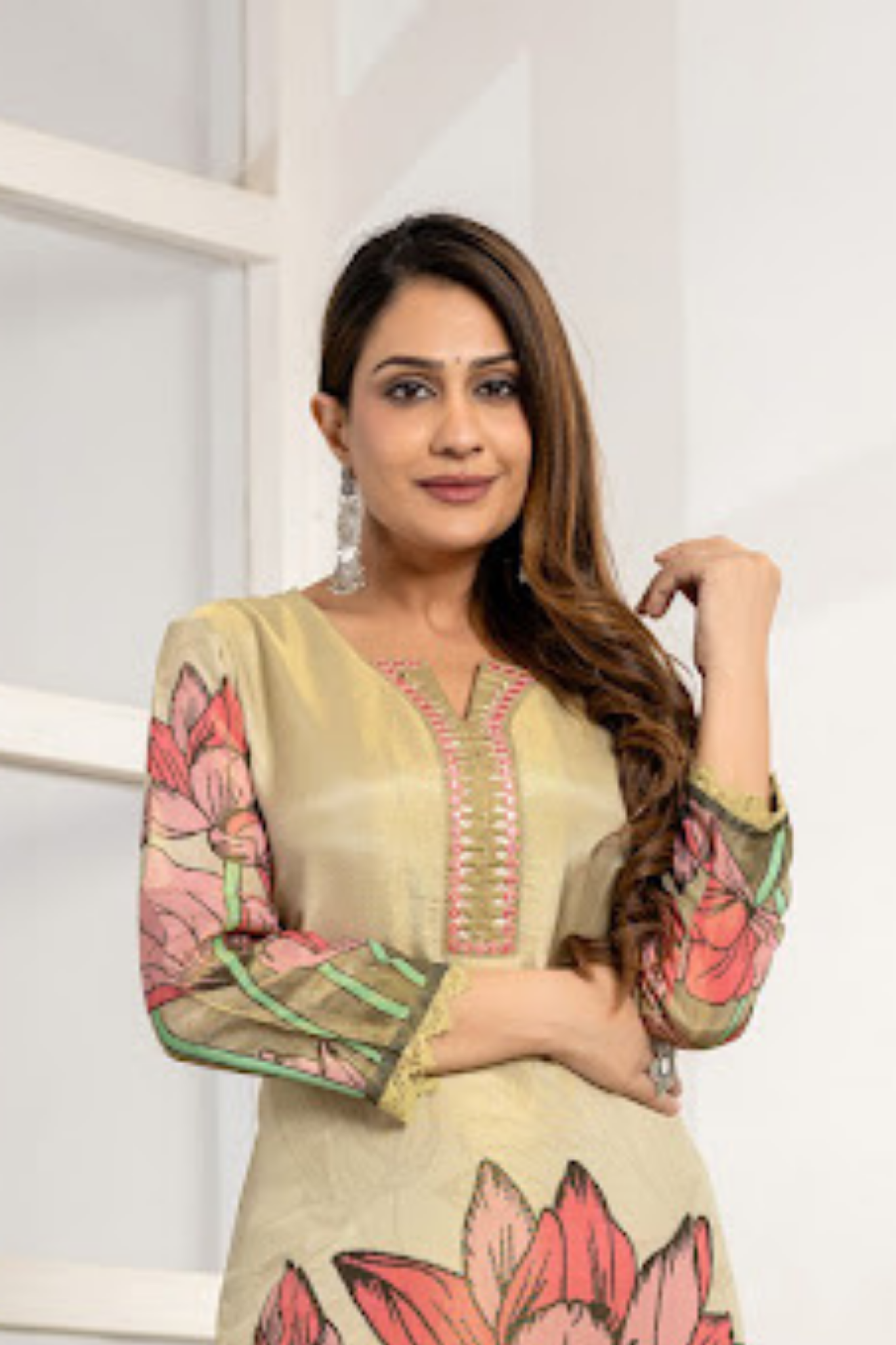 Printed Shimmer Silk Kurta with Embroidered work