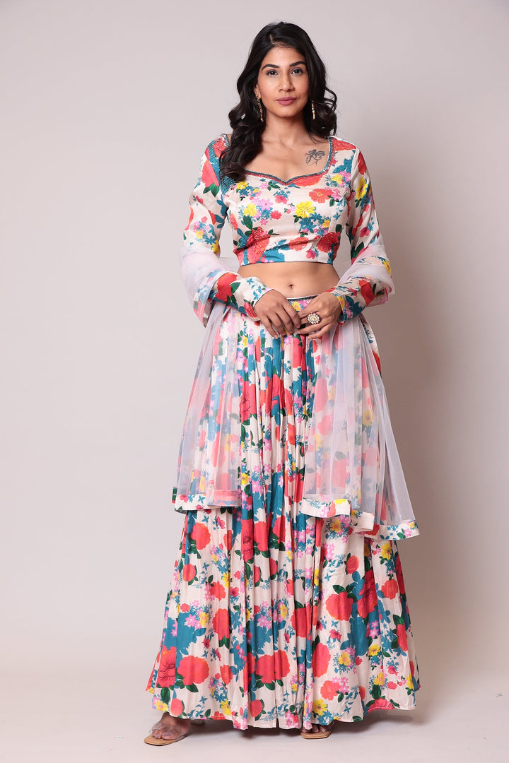 Printed Satin Lehenga with Cutdana work.