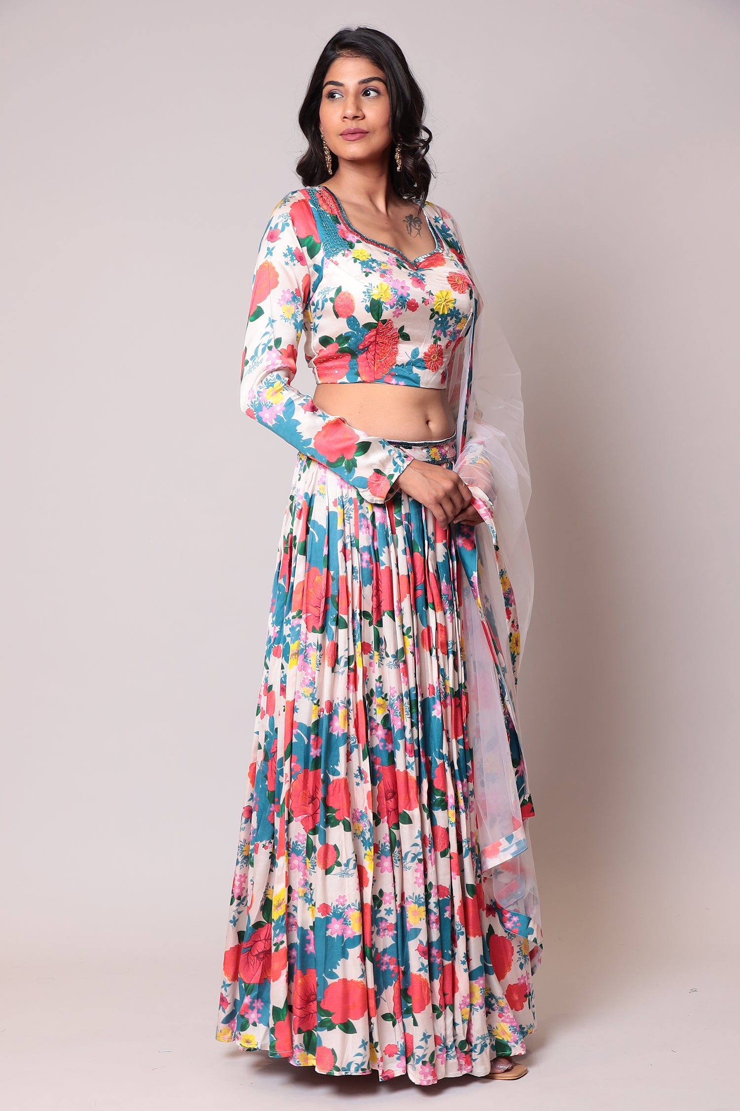 Printed Satin Lehenga with Cutdana work.