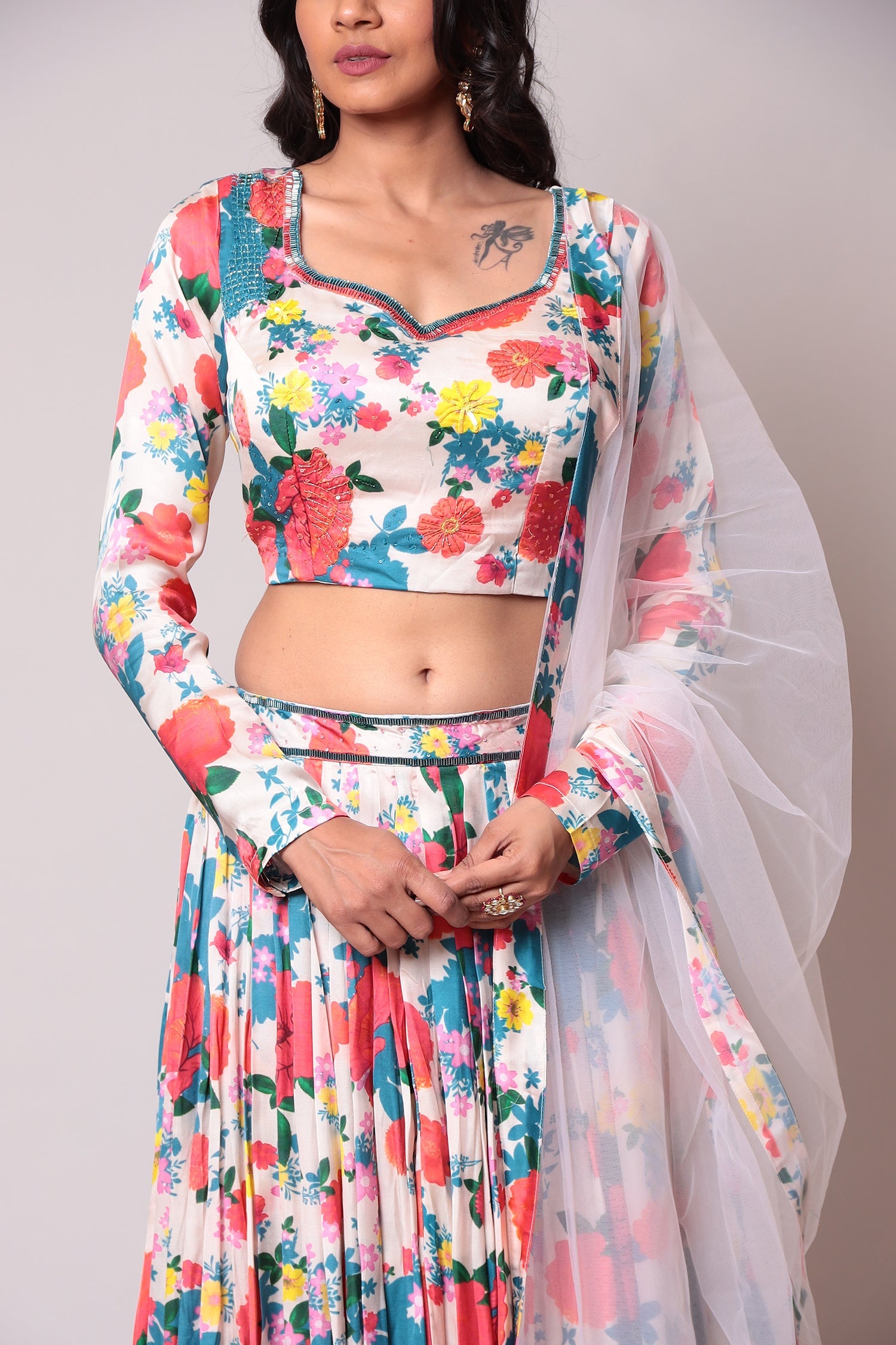 Printed Satin Lehenga with Cutdana work.