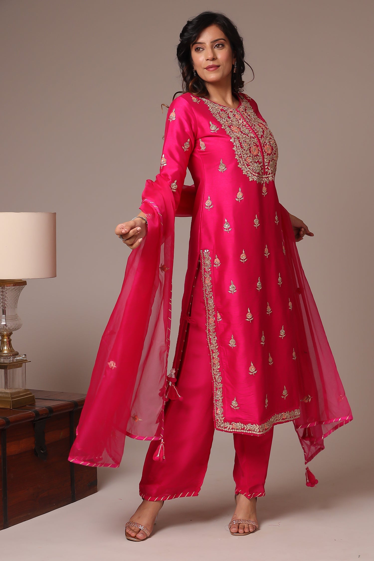 Embroidered Straight Silk Suit with Gota Patti work.