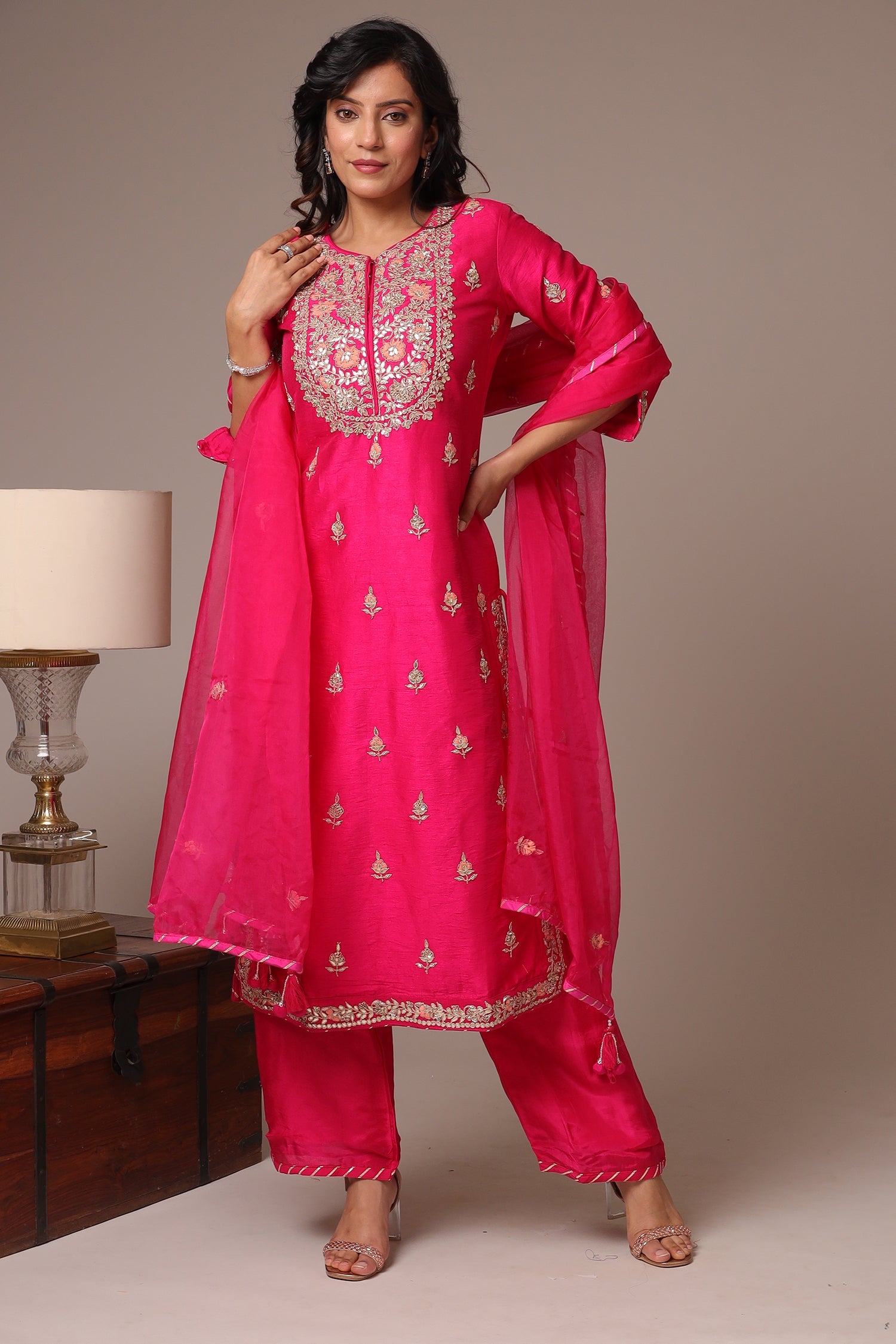 Embroidered Straight Silk Suit with Gota Patti work.