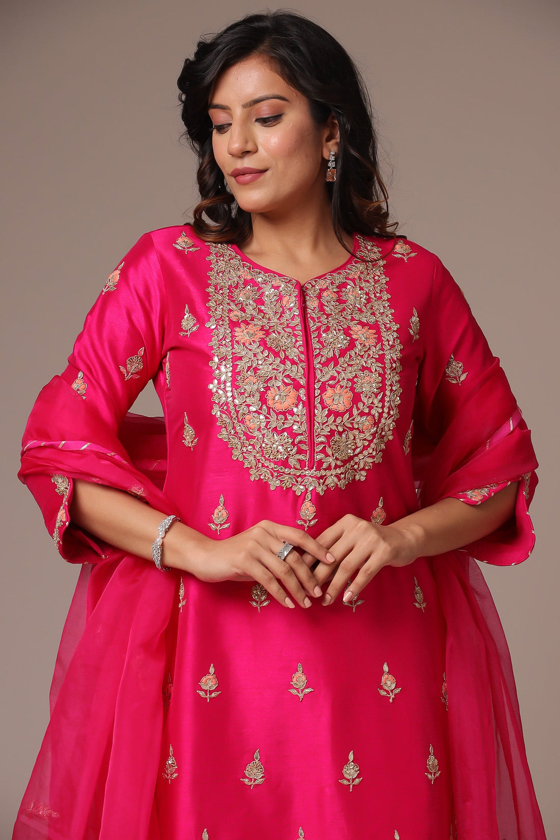 Embroidered Straight Silk Suit with Gota Patti work.