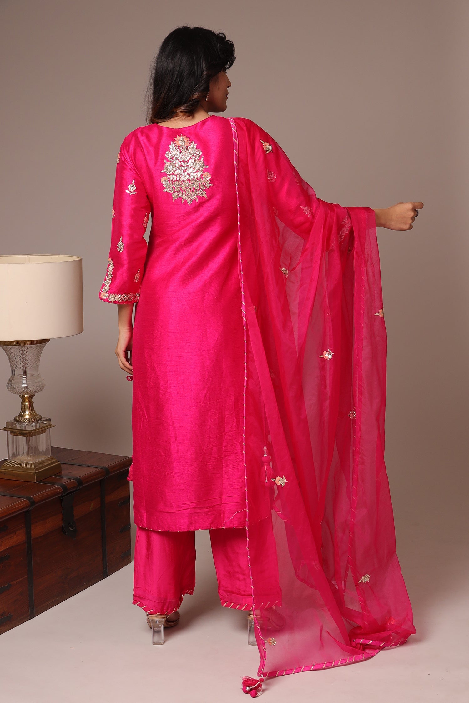 Embroidered Straight Silk Suit with Gota Patti work.