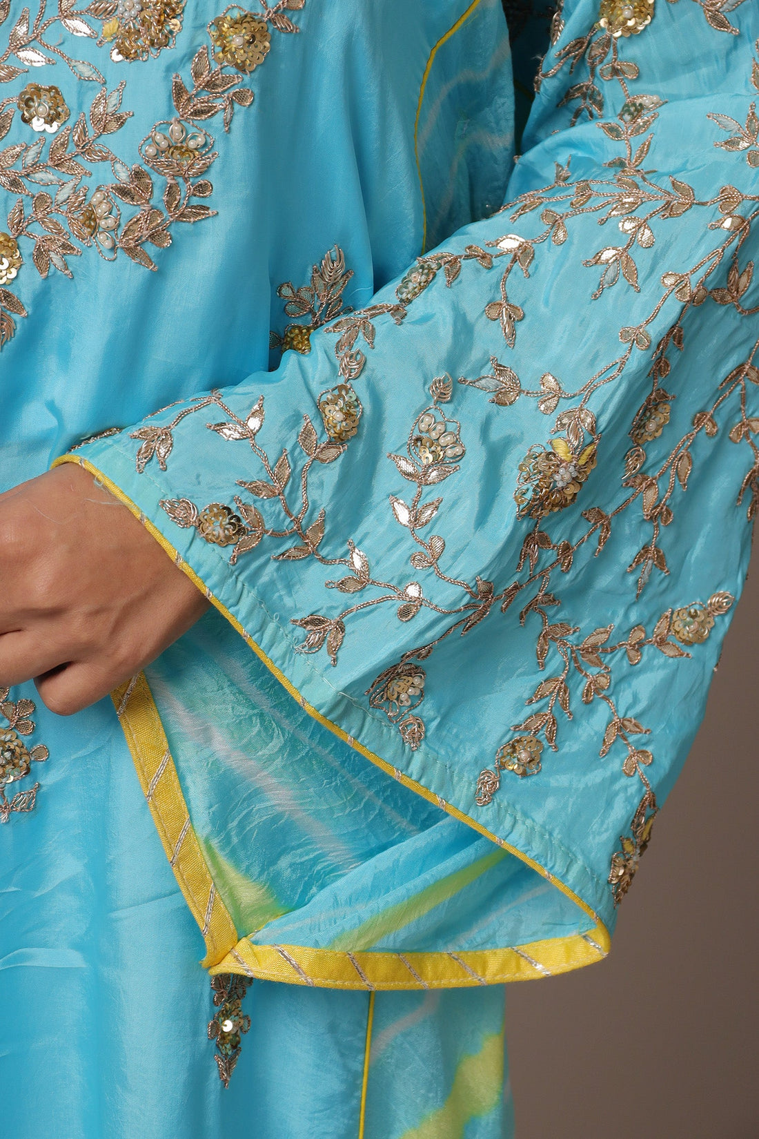 Embroidered Leheriya Silk Kaftan with Gota Patti work.