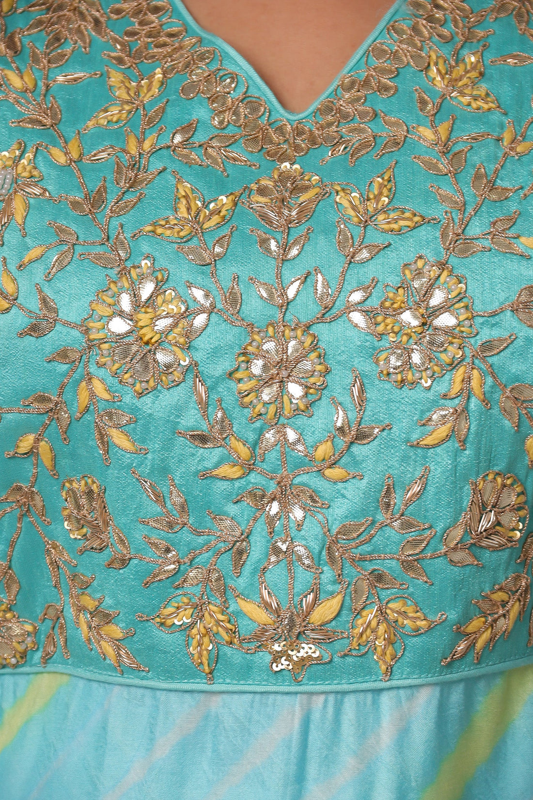 Embroidered Leheriya Silk Kaftan with Gota Patti work.