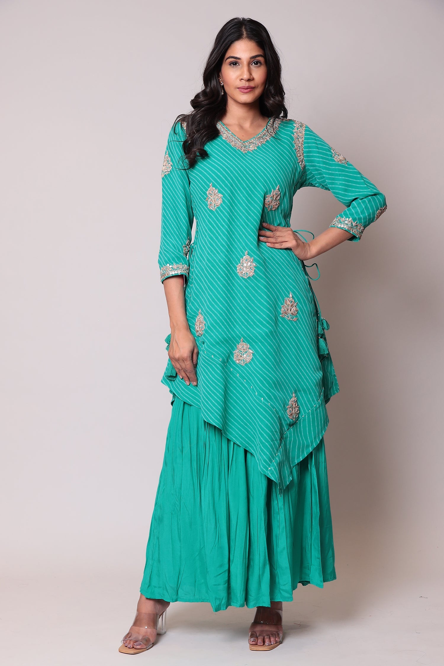 Leheriya Georgette Suit with Gota Patti work.