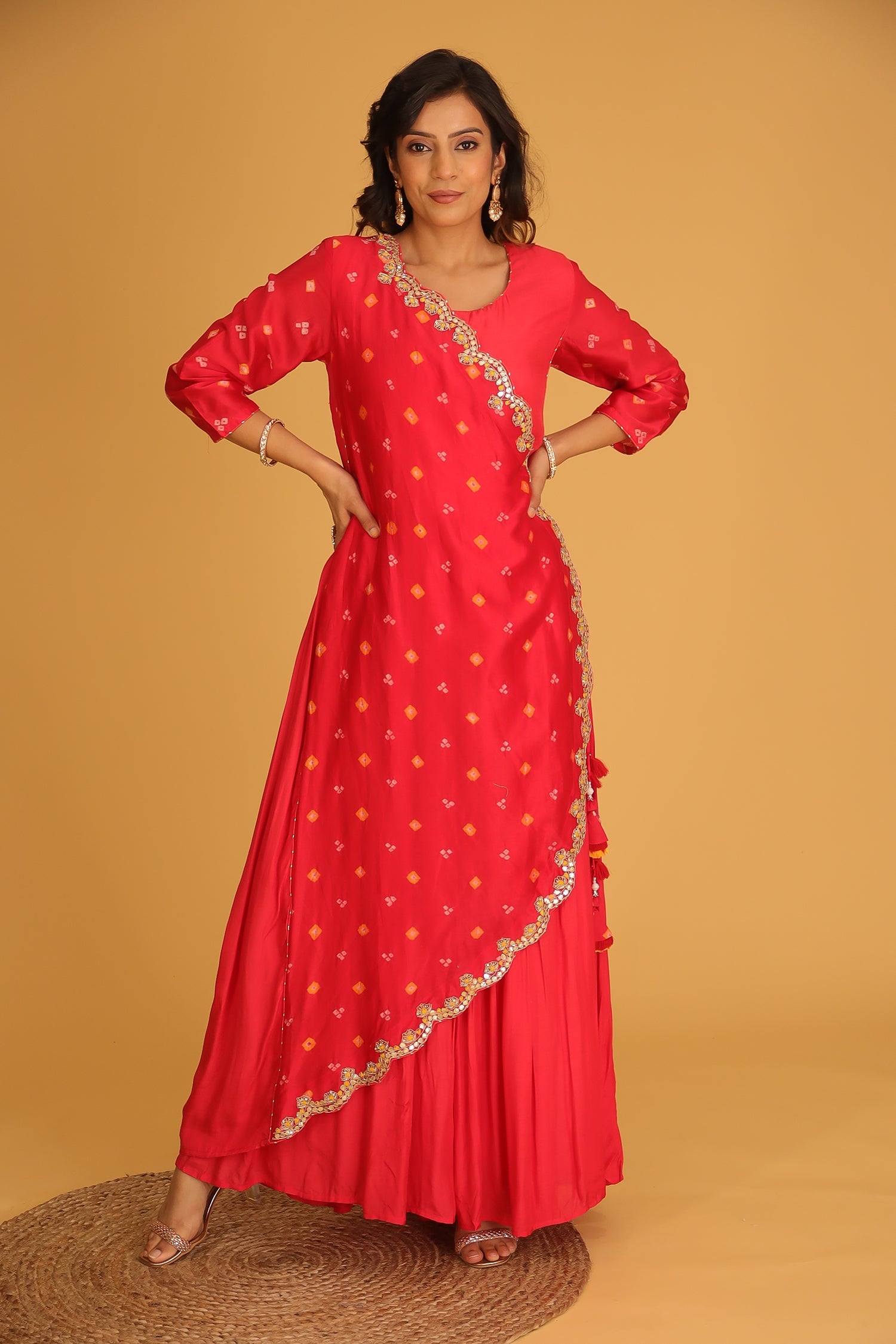 Bandhej Chanderi Jump Suit with Gota Patti work.