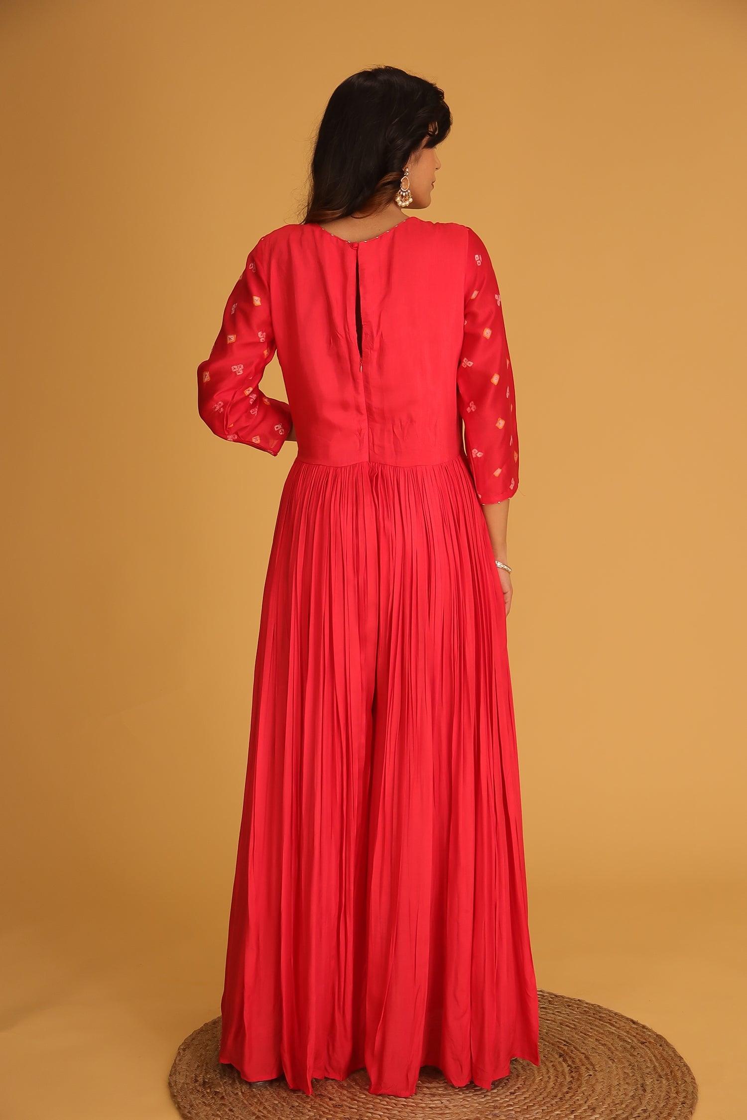 Bandhej Chanderi Jump Suit with Gota Patti work.