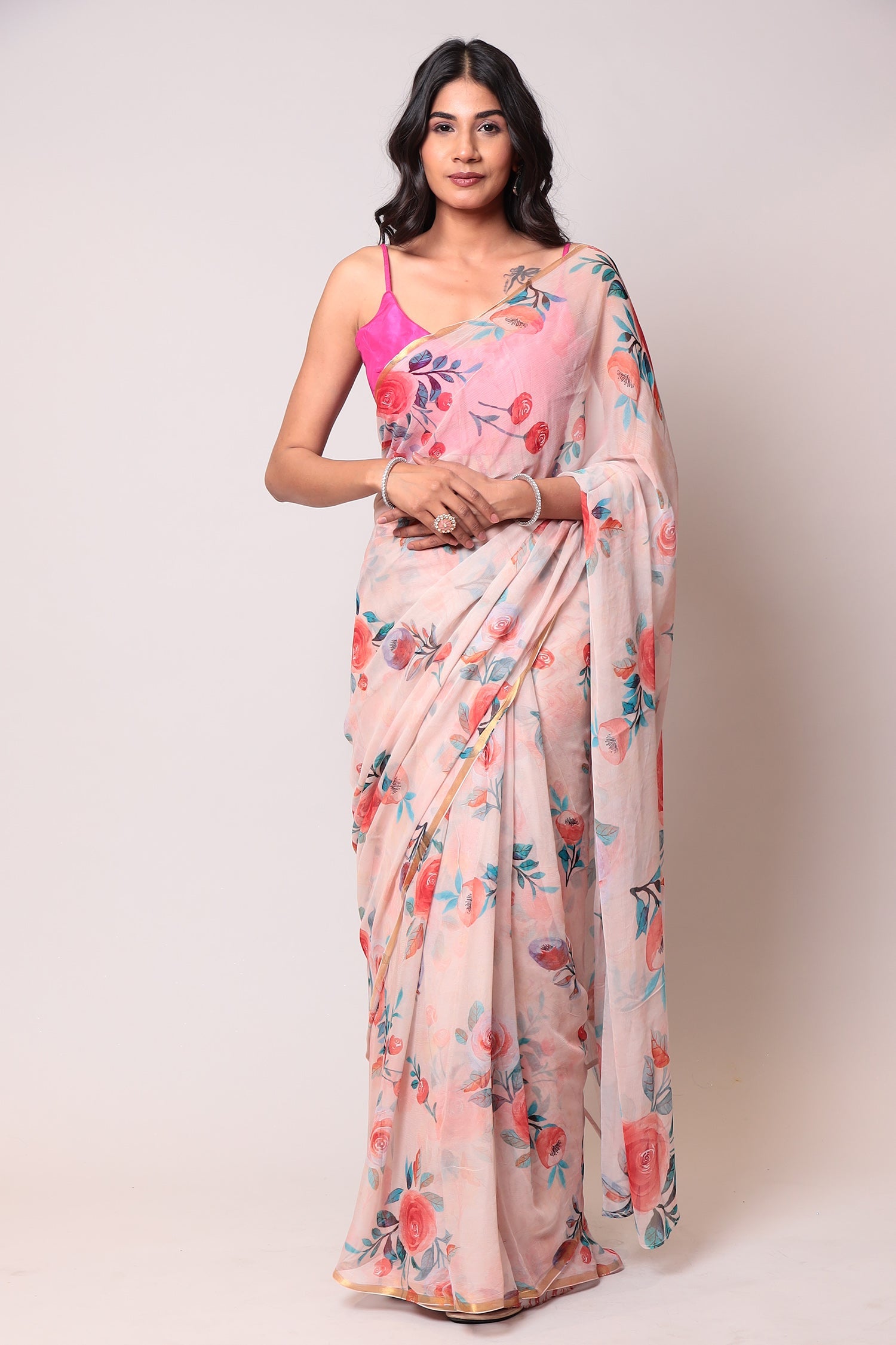 Exquisite Floral Printed Digital Print Chiffon Casual Saree