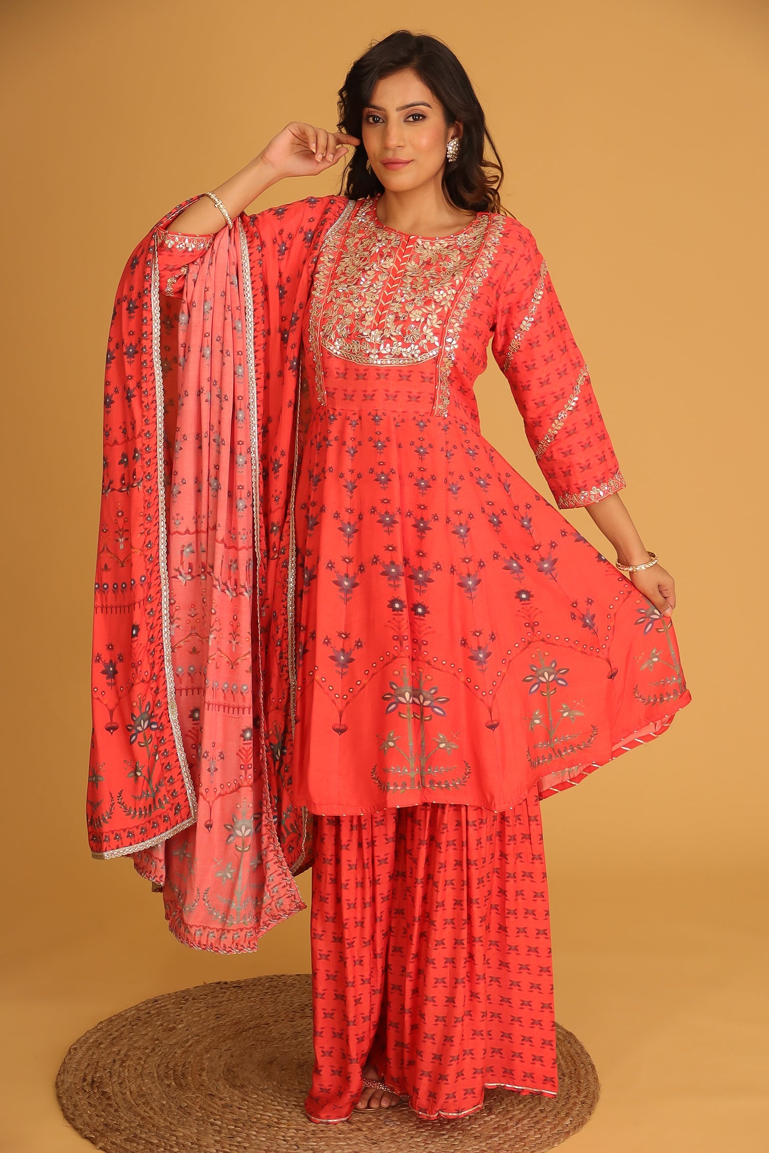 Printed Chanderi Sharara Suit with Gota Patti work.