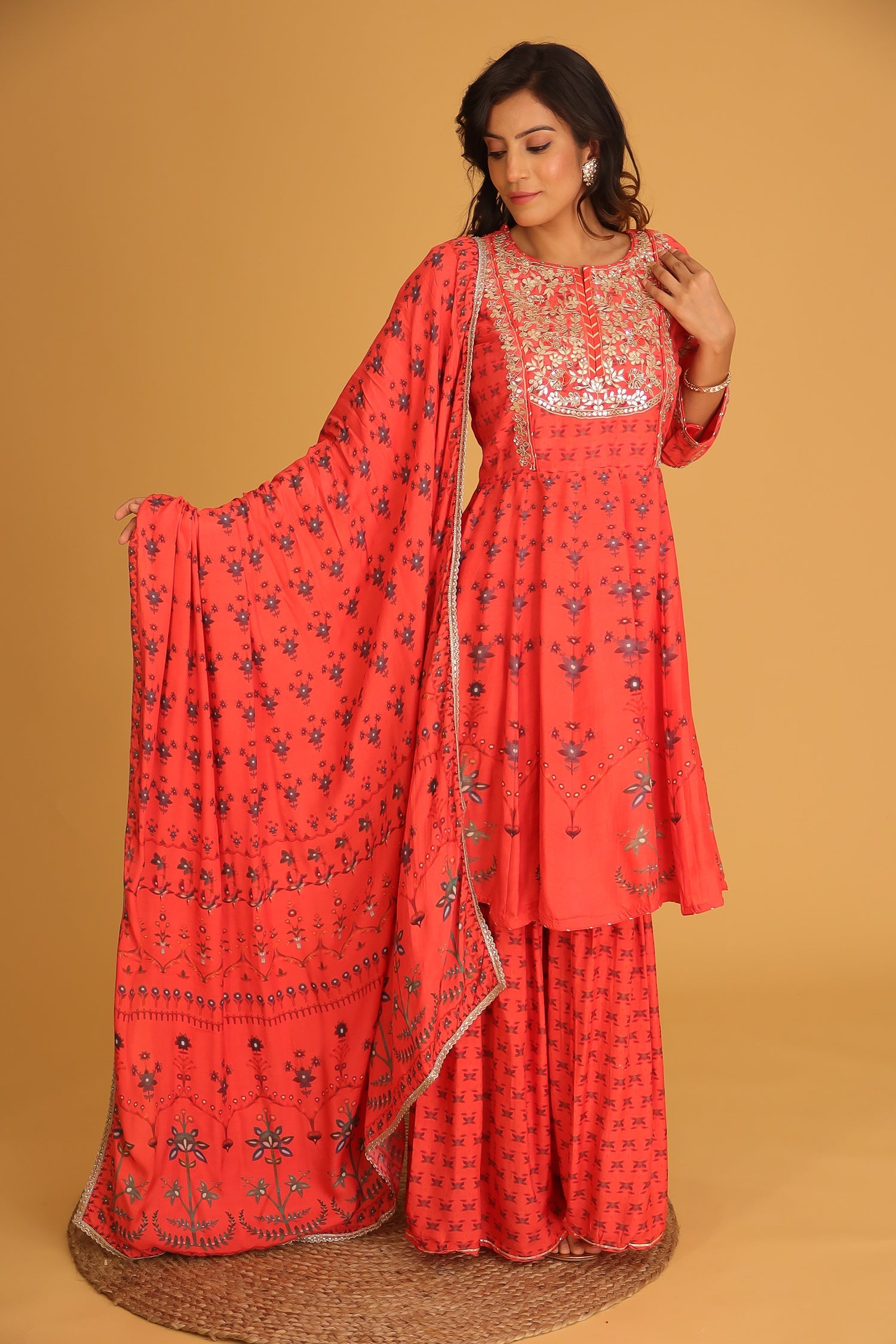 Printed Chanderi Sharara Suit with Gota Patti work.