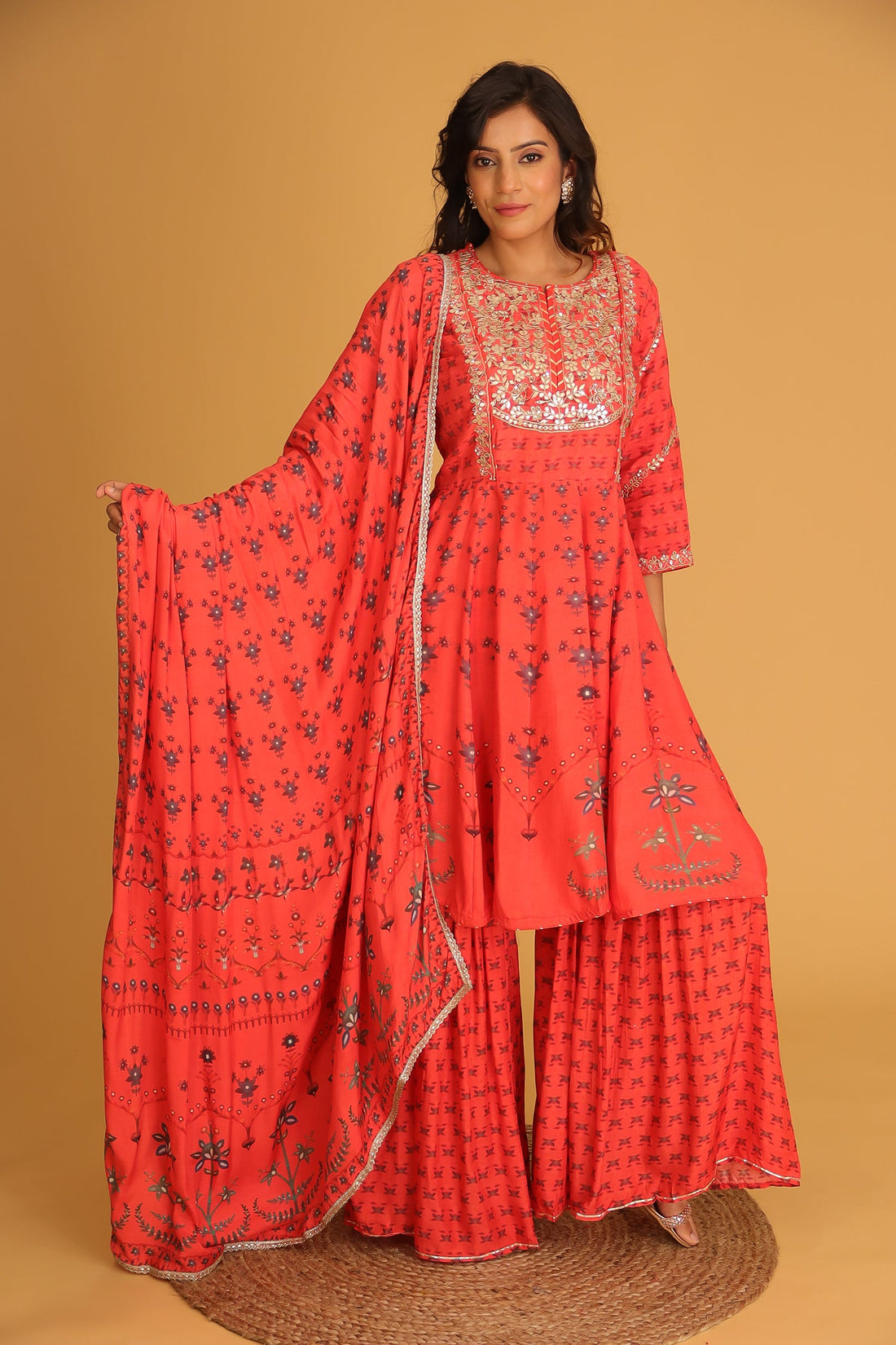 Printed Chanderi Sharara Suit with Gota Patti work.