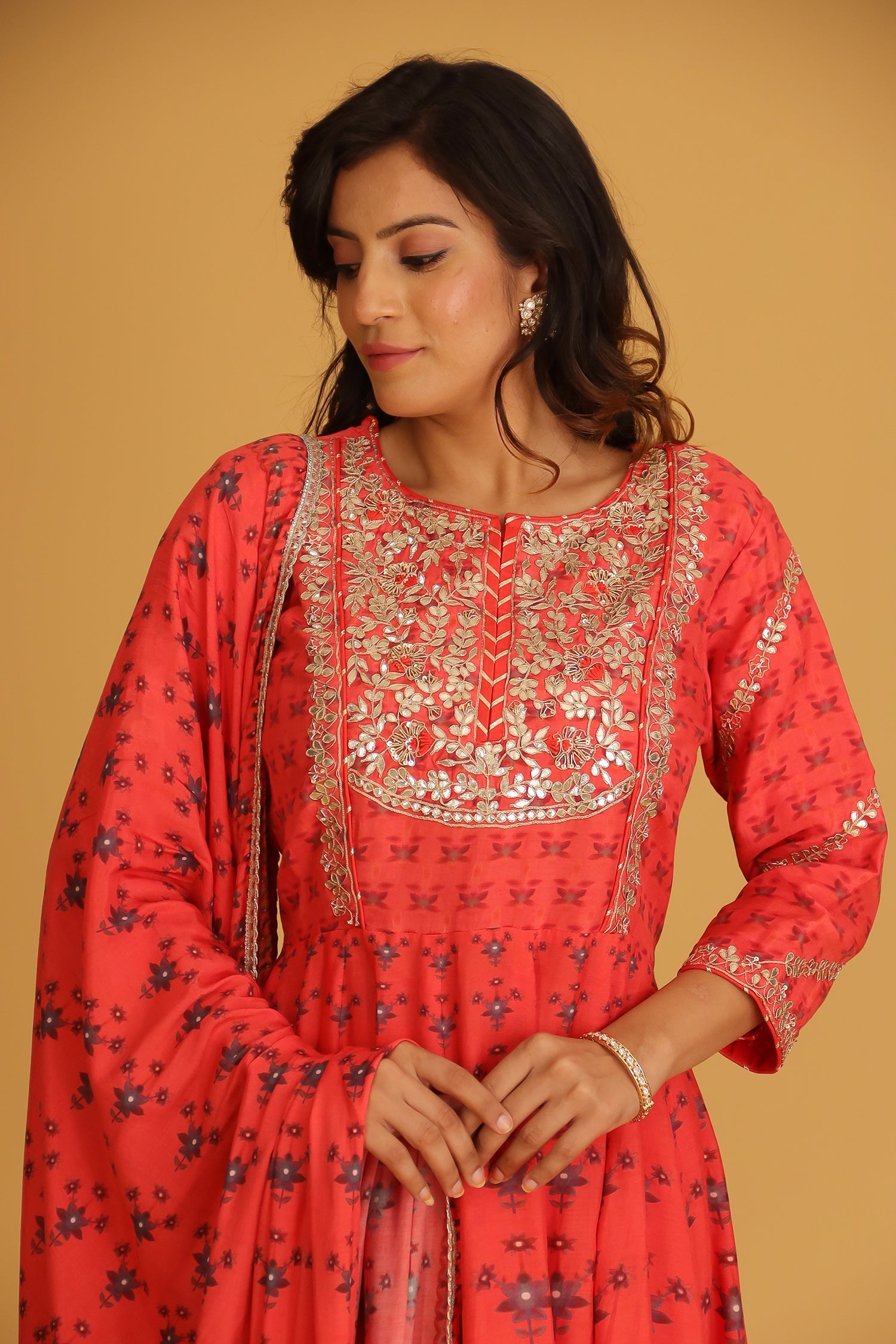 Printed Chanderi Sharara Suit with Gota Patti work.