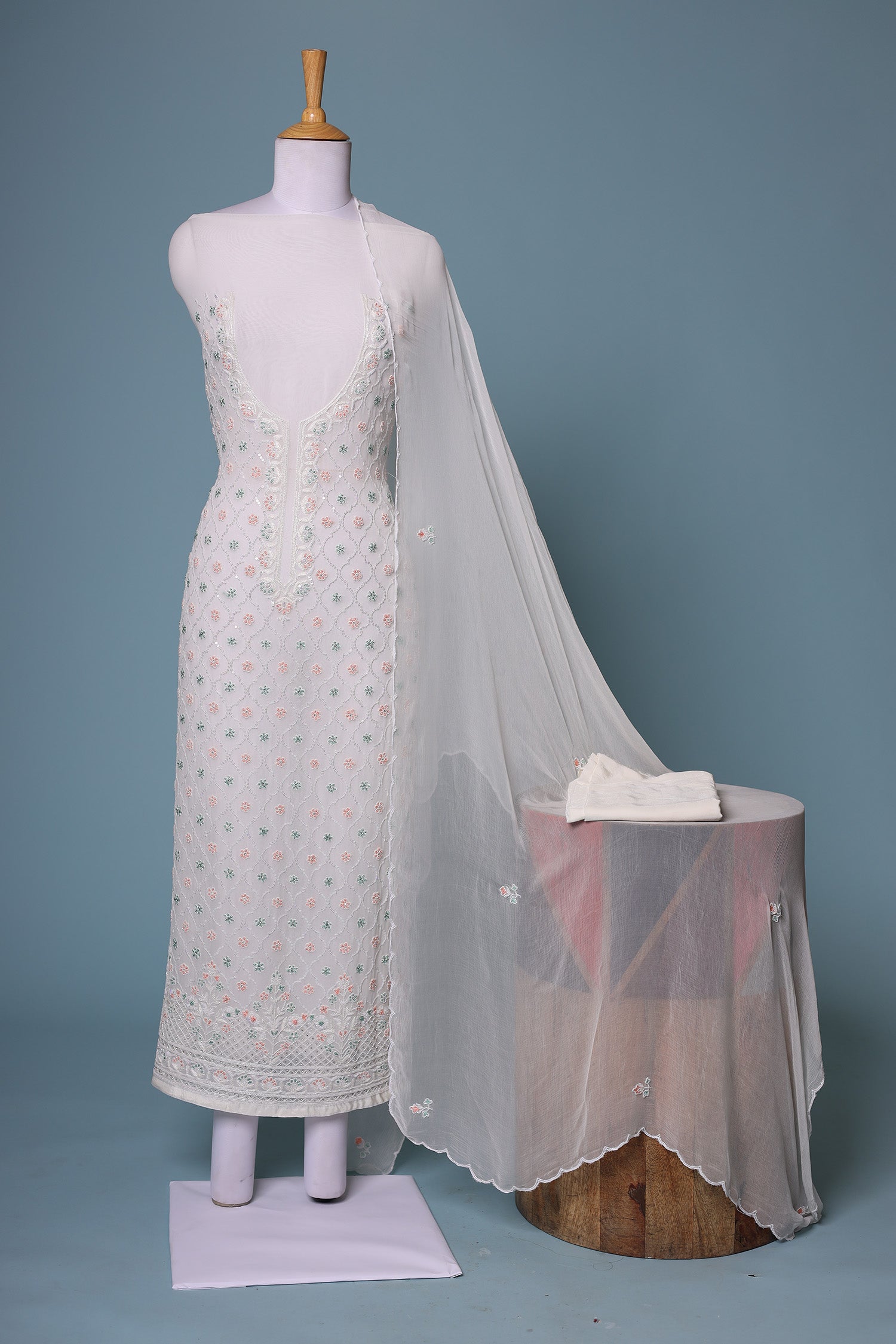 Embroidered Chiffon Unstitched Suit with Cutdana and Stone work