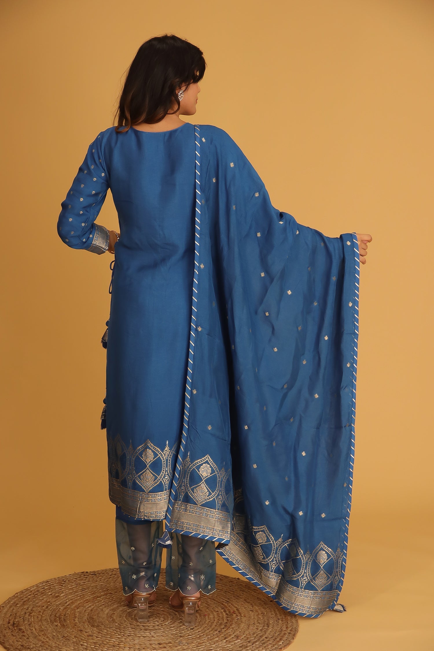 Handloom Chanderi Suit Embroidered with Gota Patti work.