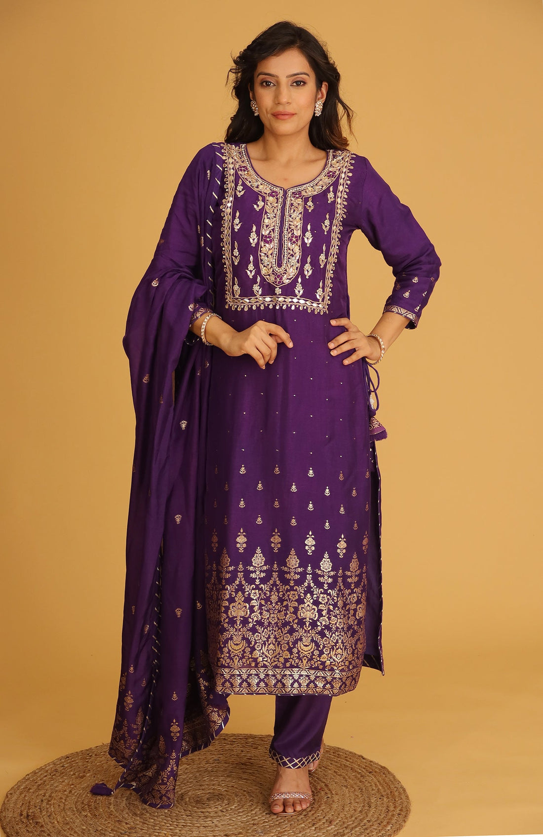 Handloom Chanderi Suit Embroidered with Gota Patti work.