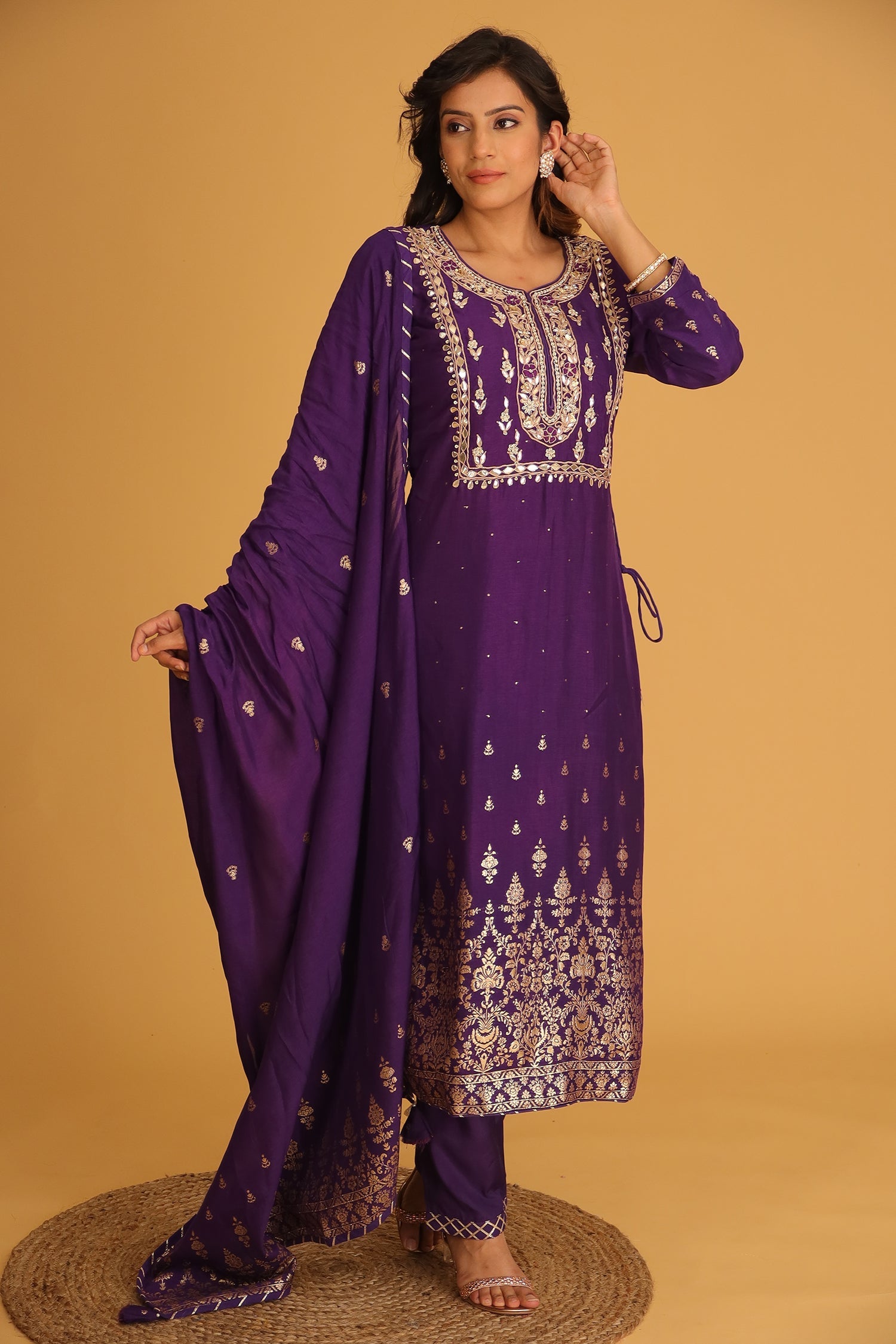 Handloom Chanderi Suit Embroidered with Gota Patti work.