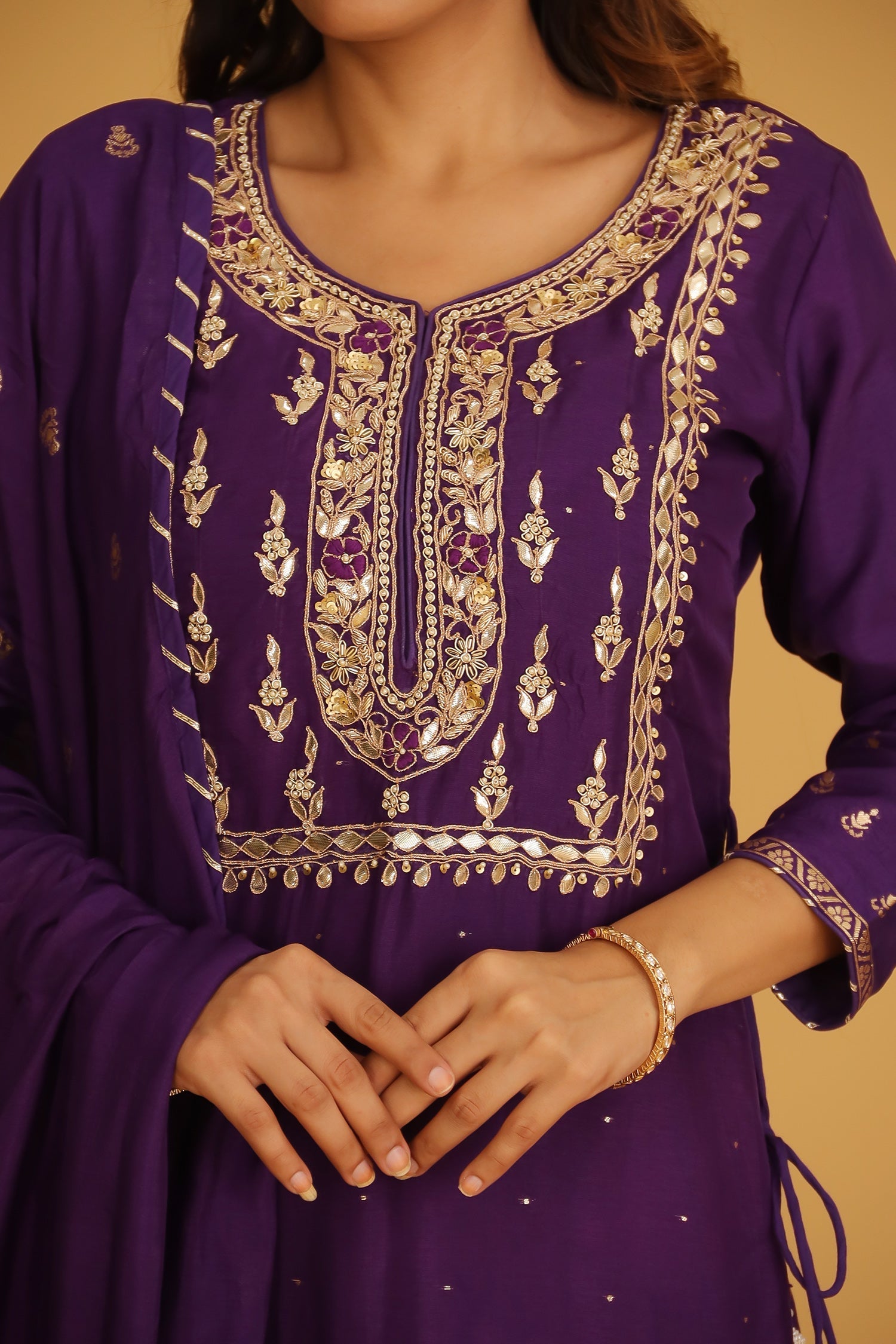 Handloom Chanderi Suit Embroidered with Gota Patti work.