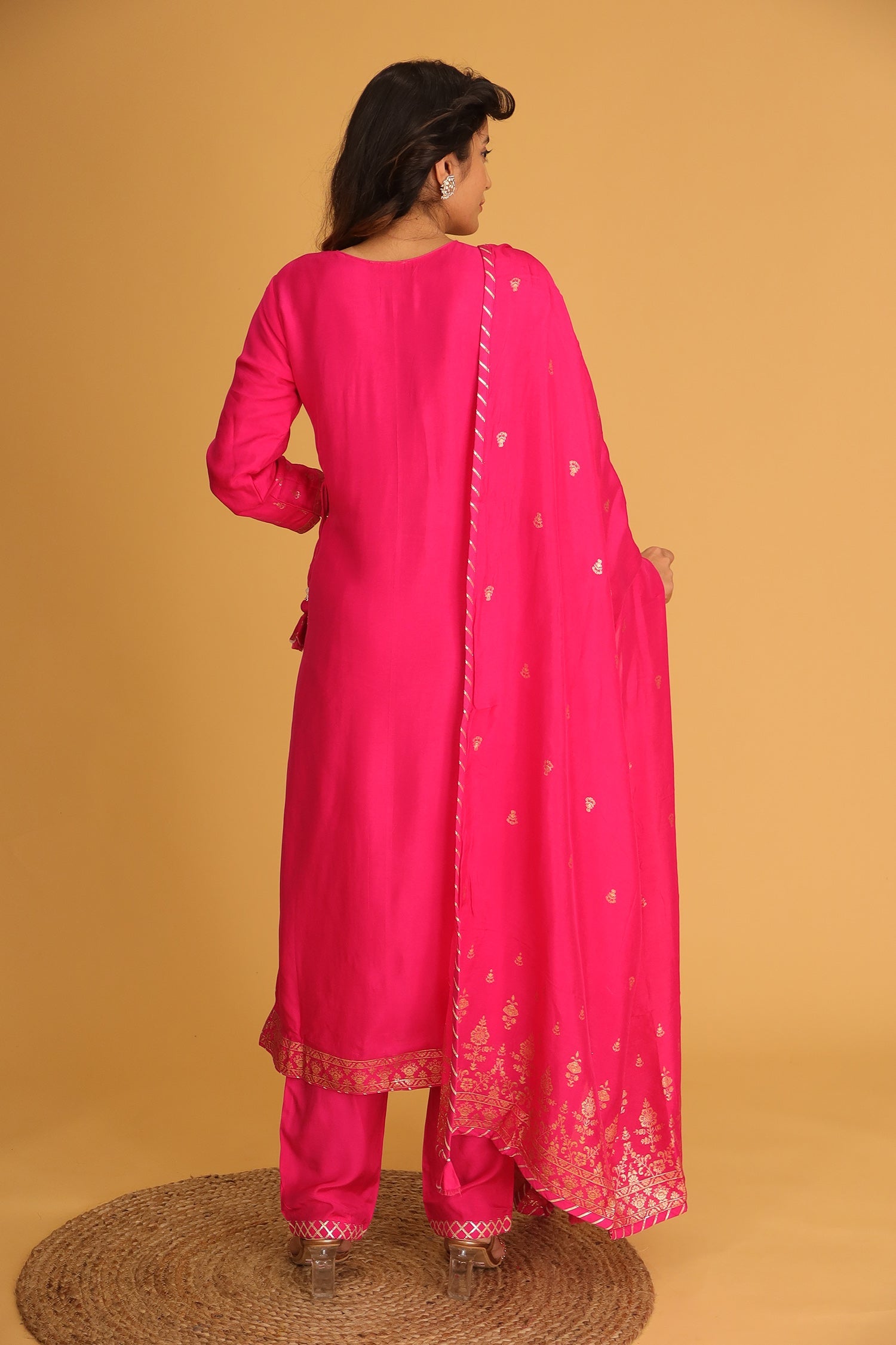 Handloom Chanderi Suit Embroidered with Gota Patti work.