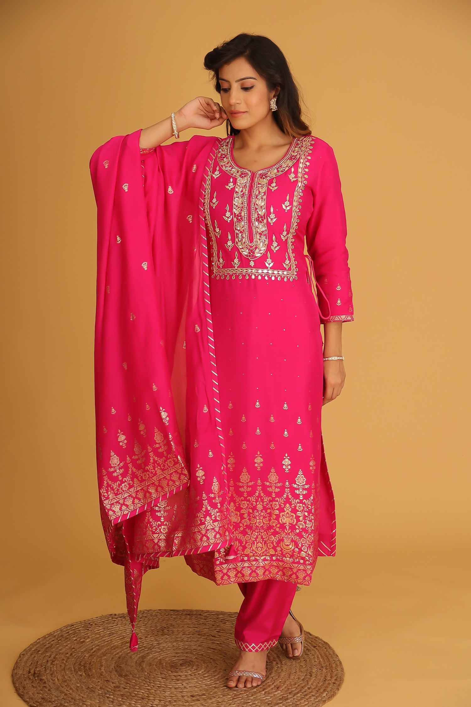 Handloom Chanderi Suit Embroidered with Gota Patti work.