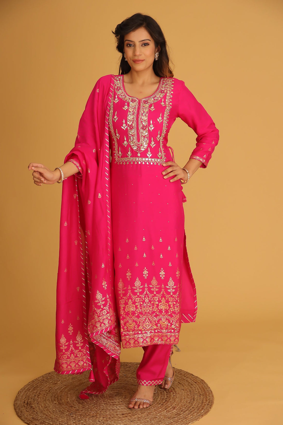 Handloom Chanderi Suit Embroidered with Gota Patti work.