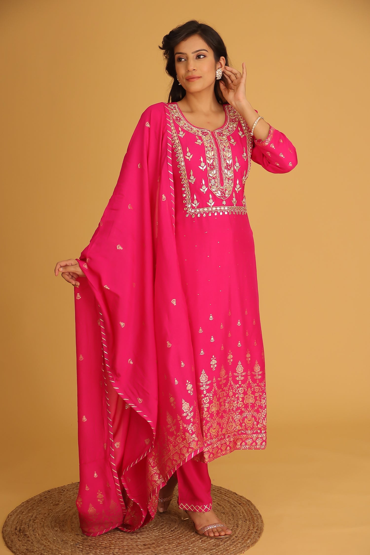 Handloom Chanderi Suit Embroidered with Gota Patti work.