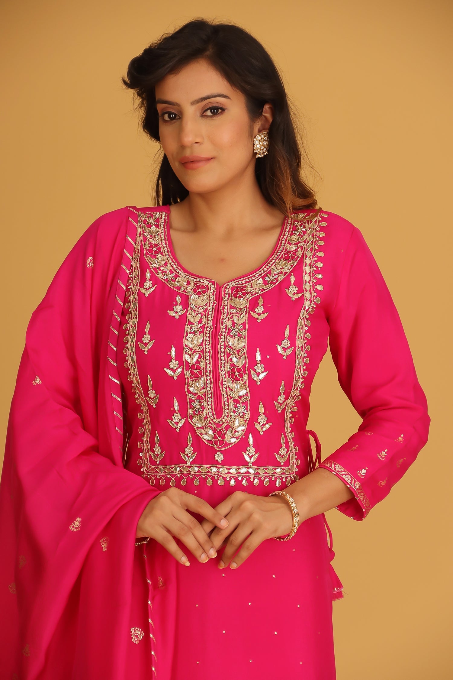 Handloom Chanderi Suit Embroidered with Gota Patti work.