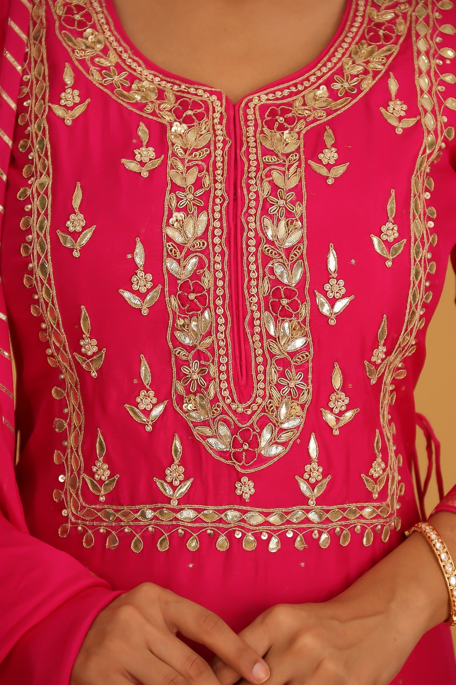 Handloom Chanderi Suit Embroidered with Gota Patti work.