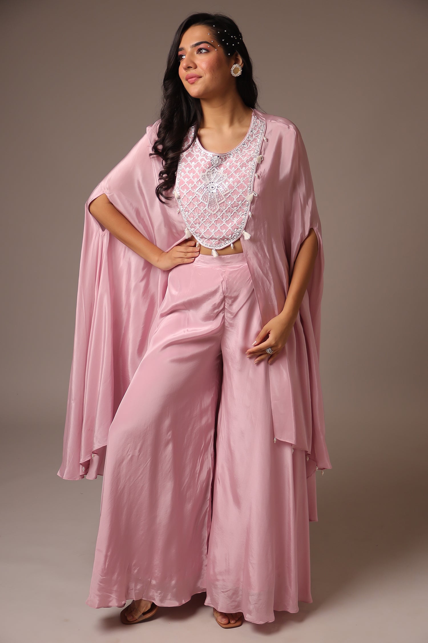 Exquisite Pearl Embroidered Silk Indowestern Jacket with Flared Sleeves