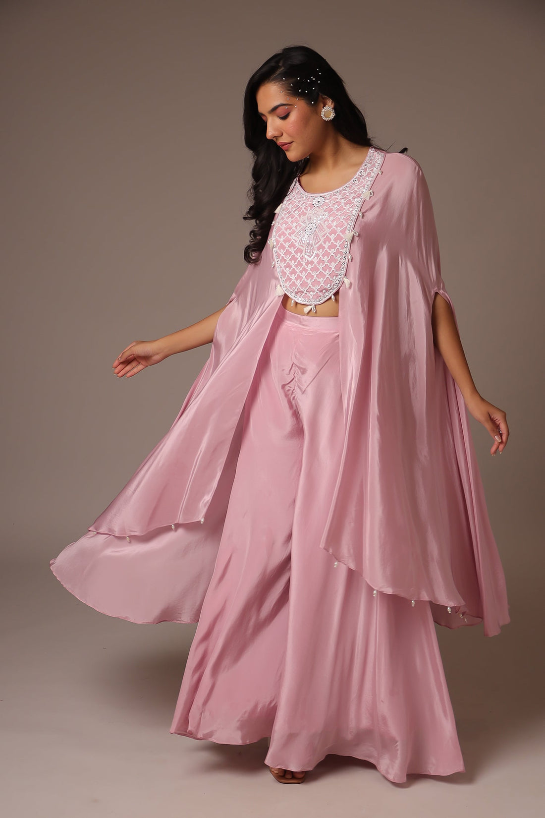 Exquisite Pearl Embroidered Silk Indowestern Jacket with Flared Sleeves