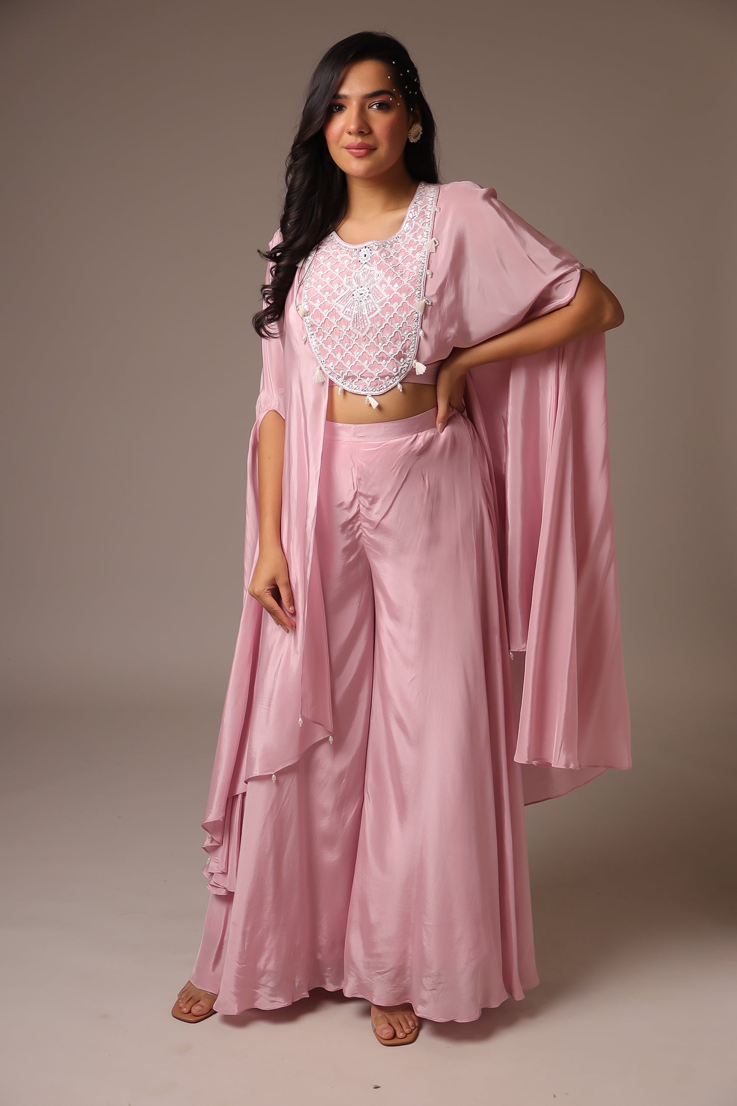 Exquisite Pearl Embroidered Silk Indowestern Jacket with Flared Sleeves