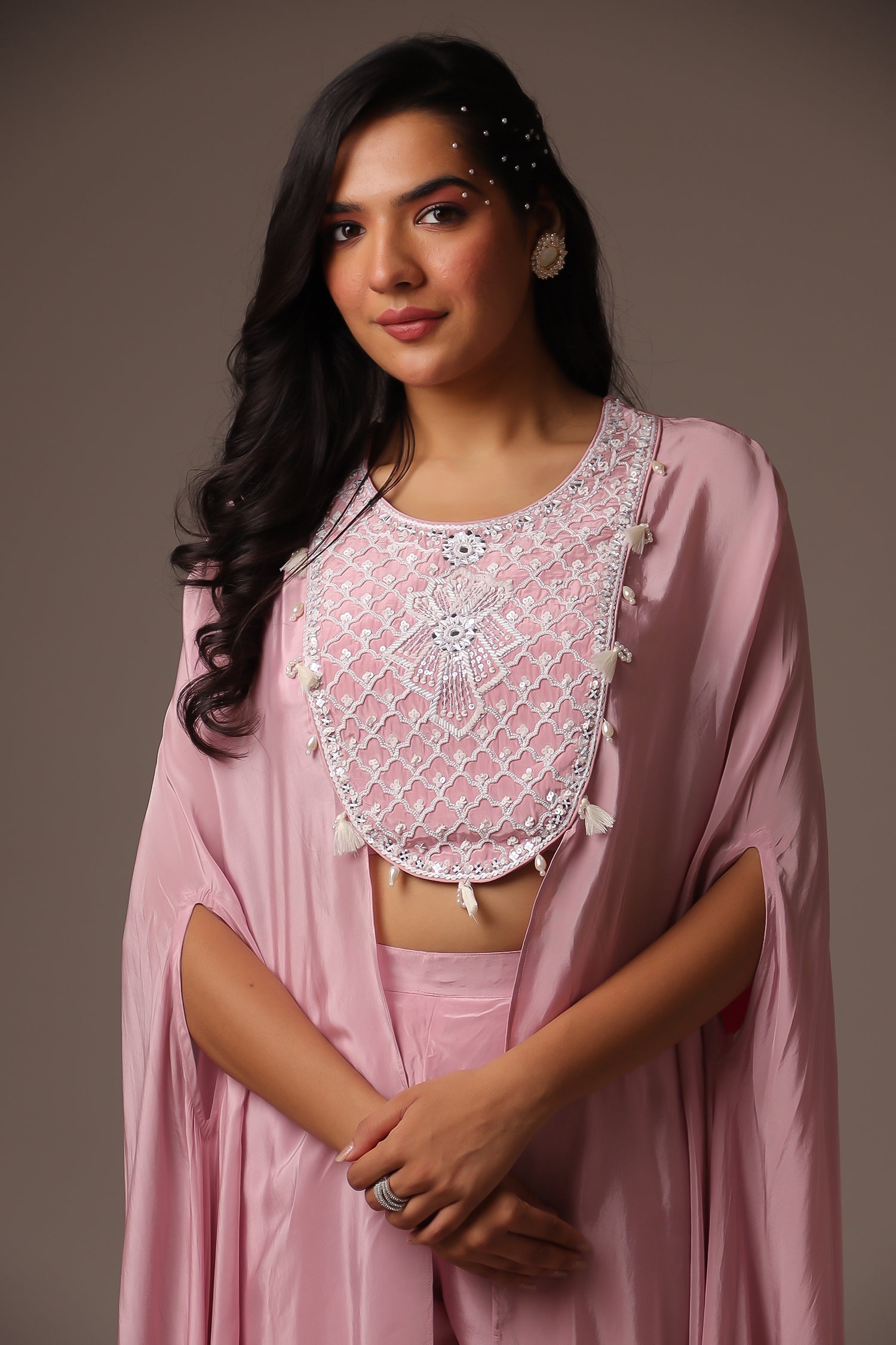 Exquisite Pearl Embroidered Silk Indowestern Jacket with Flared Sleeves