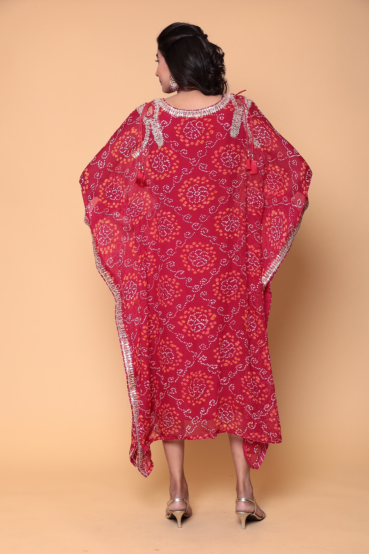 Bandhej Georgette bandhej Kaftan with Gota Patti work.
