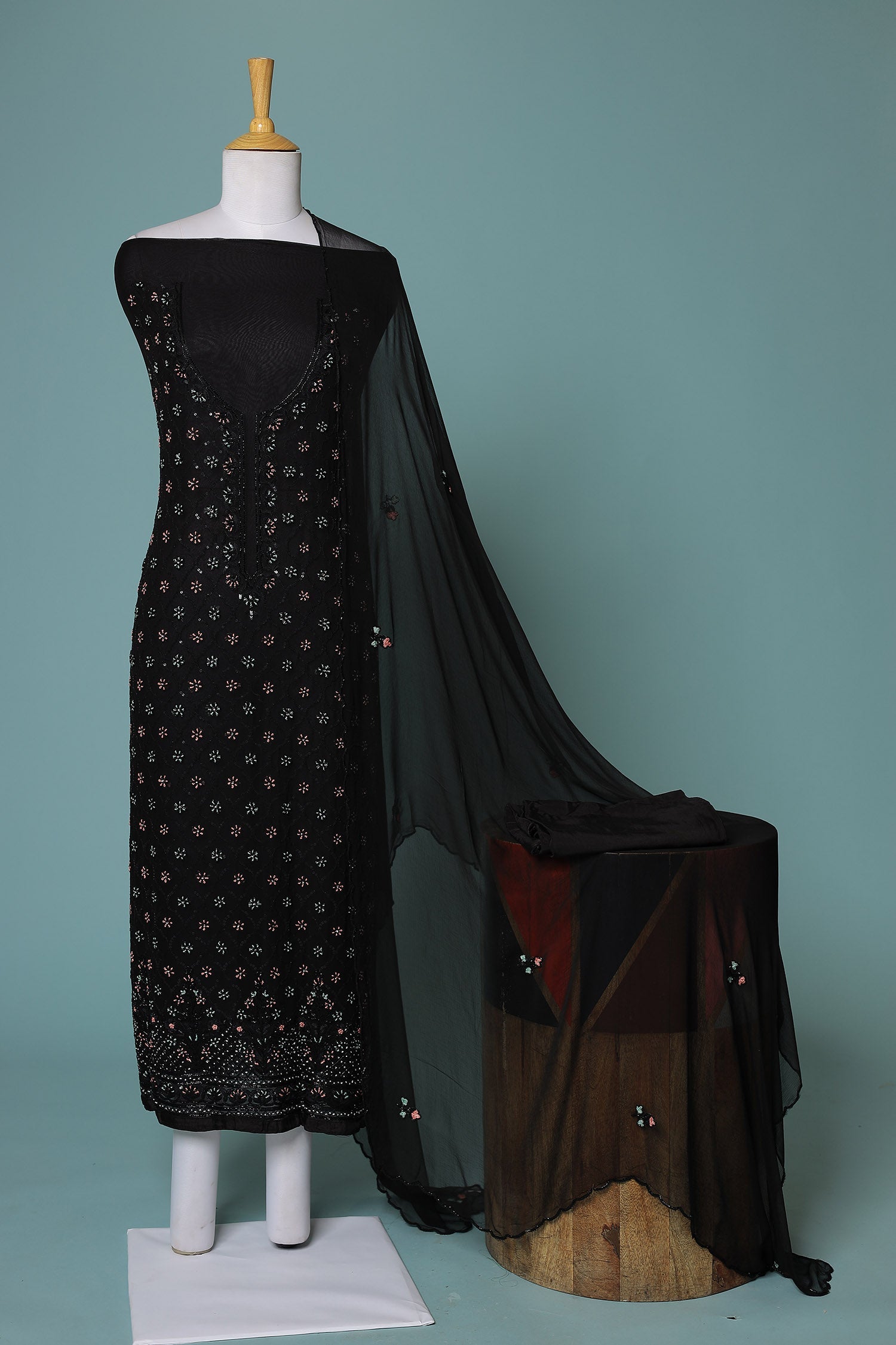 Embroidered Chiffon Unstitched Suit with Cutdana and Stone work