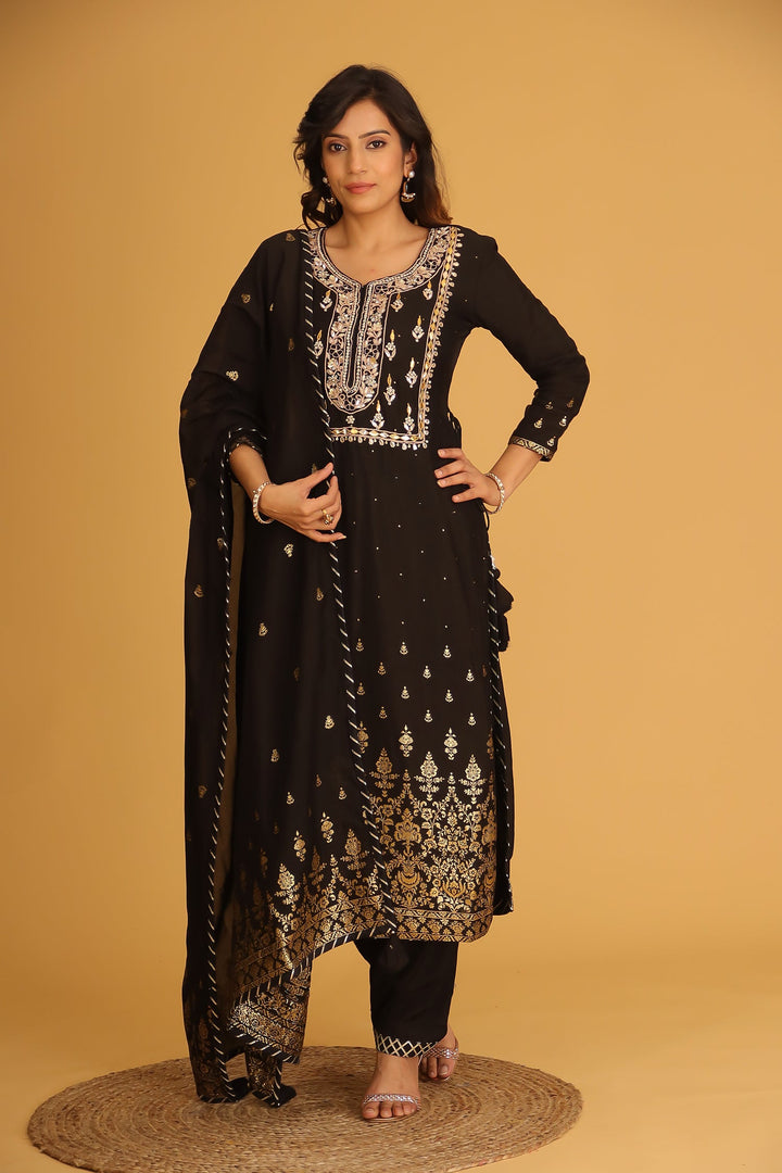 Handloom Chanderi Suit Embroidered with Gota Patti work.