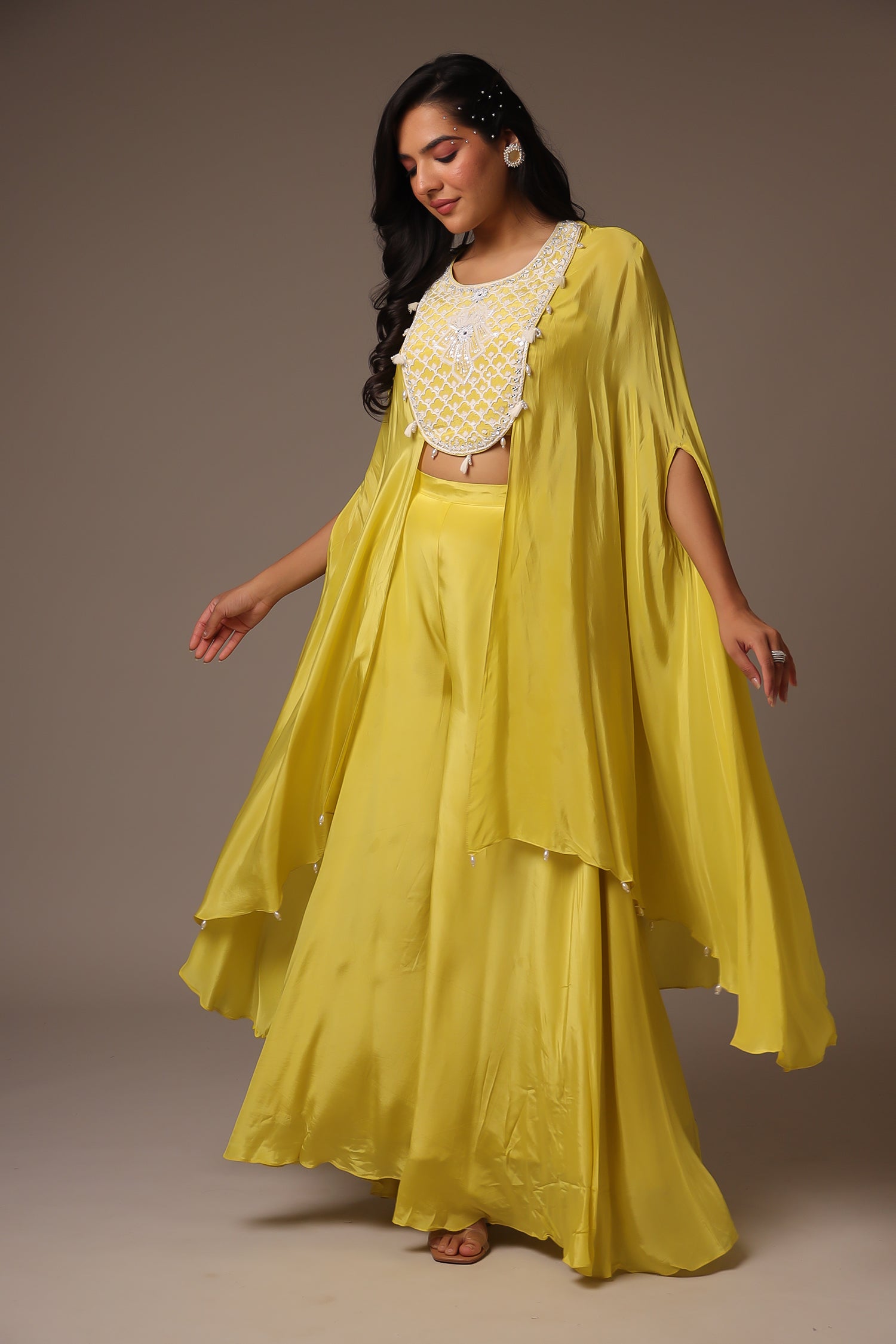 Exquisite Pearl Embroidered Silk Indowestern Jacket with Flared Sleeves