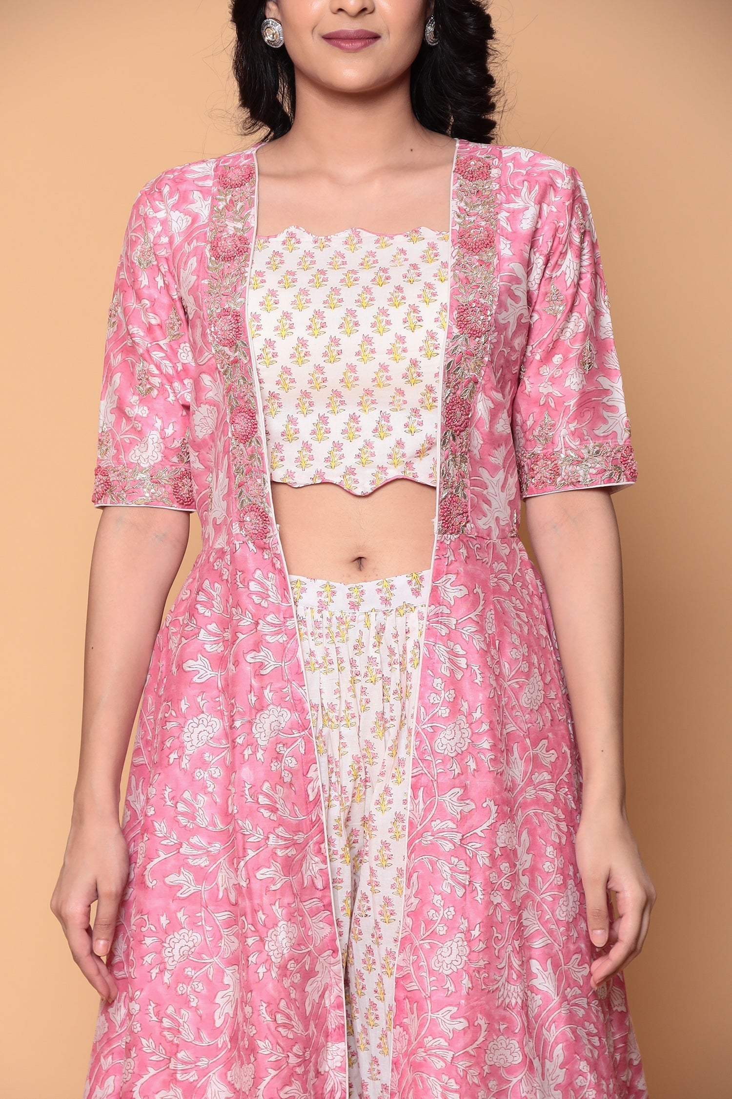 Printed Jacket Style Cotton Suit Stitched with Gota Patti and Thread work