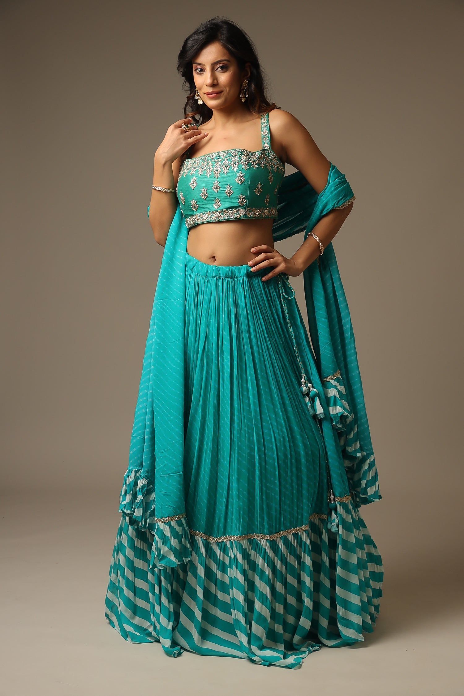Leheriya Georgette Lehenga with Gota Patti and Mothra work.