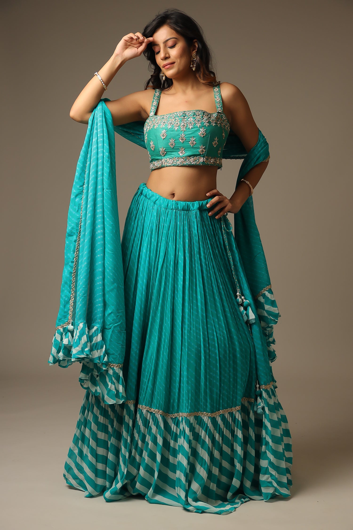 Leheriya Georgette Lehenga with Gota Patti and Mothra work.