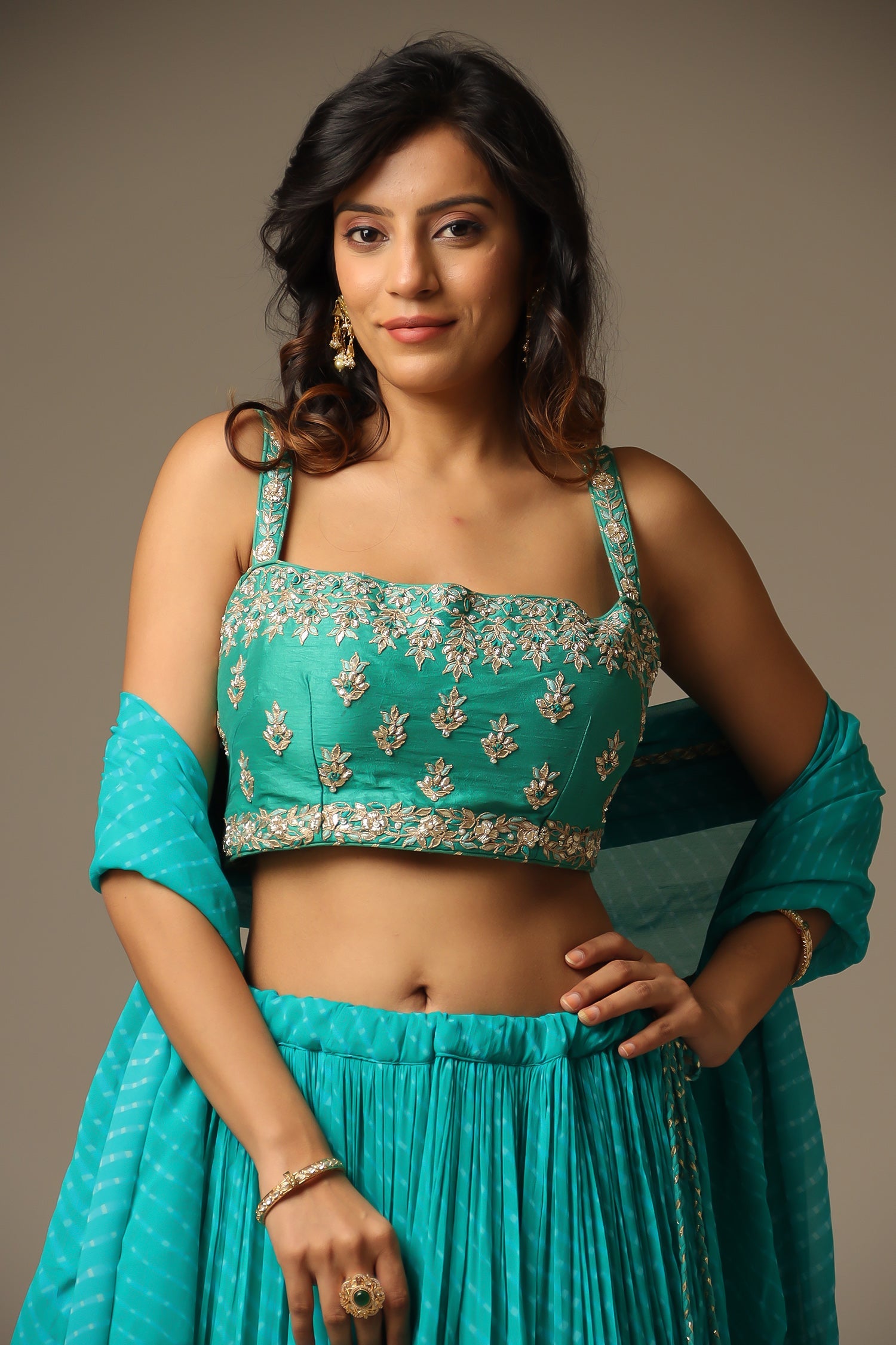 Leheriya Georgette Lehenga with Gota Patti and Mothra work.