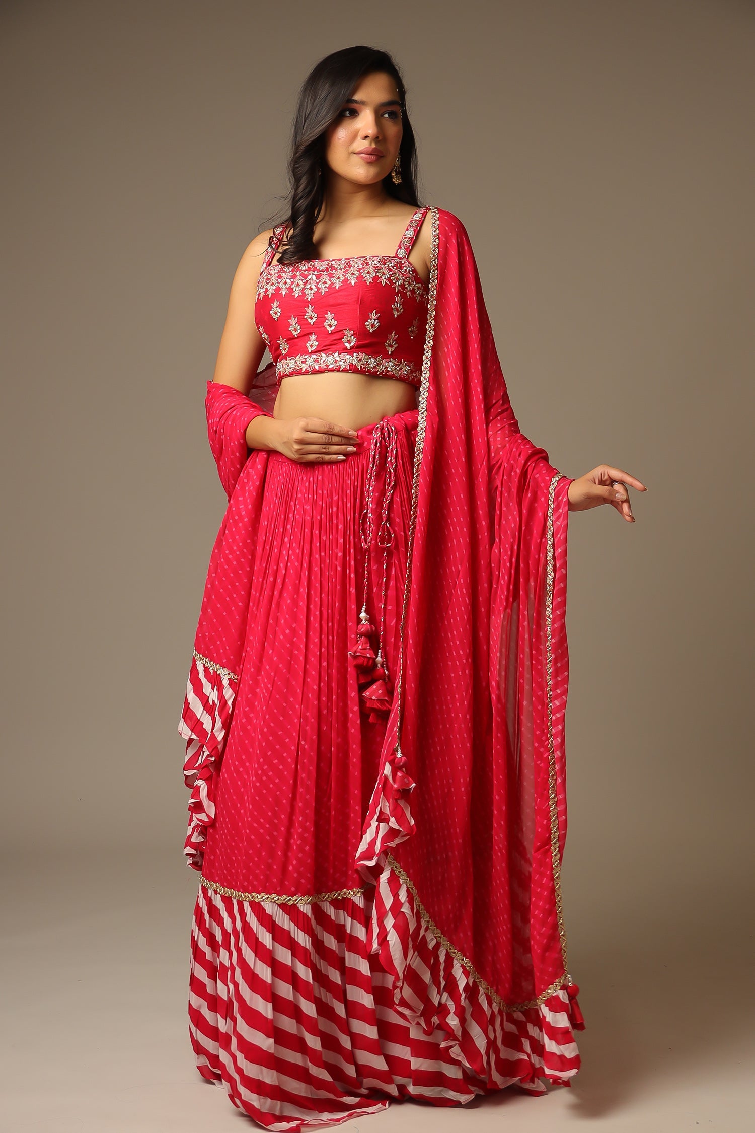 Leheriya Georgette Lehenga with Gota Patti and Mothra work.