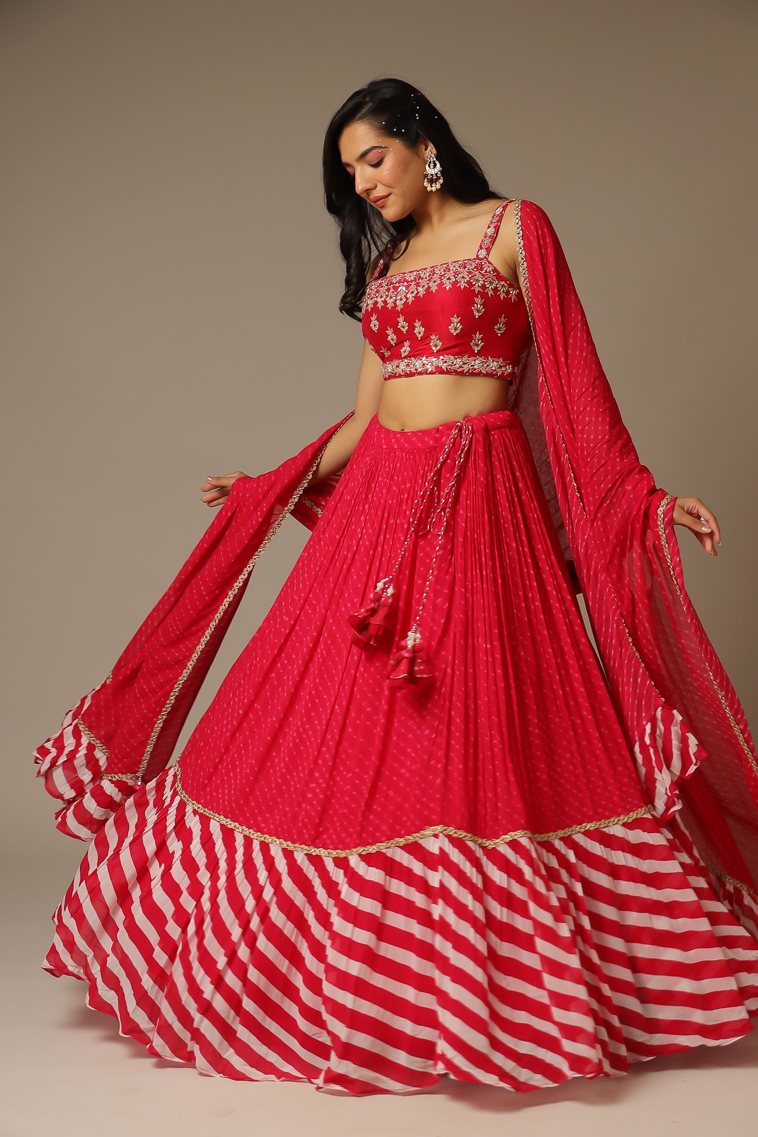 Leheriya Georgette Lehenga with Gota Patti and Mothra work.