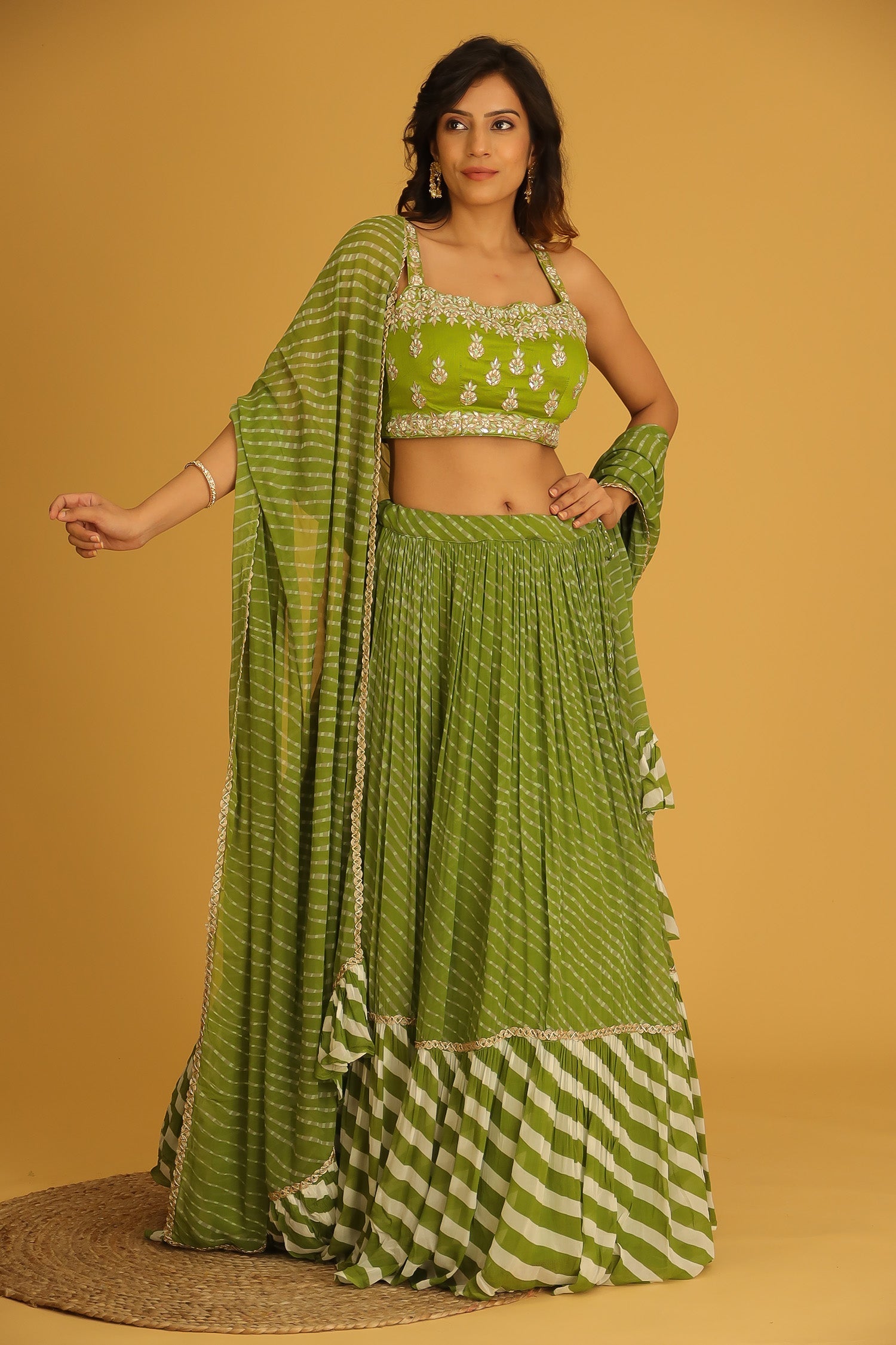 Leheriya Georgette Lehenga with Gota Patti and Mothra work.