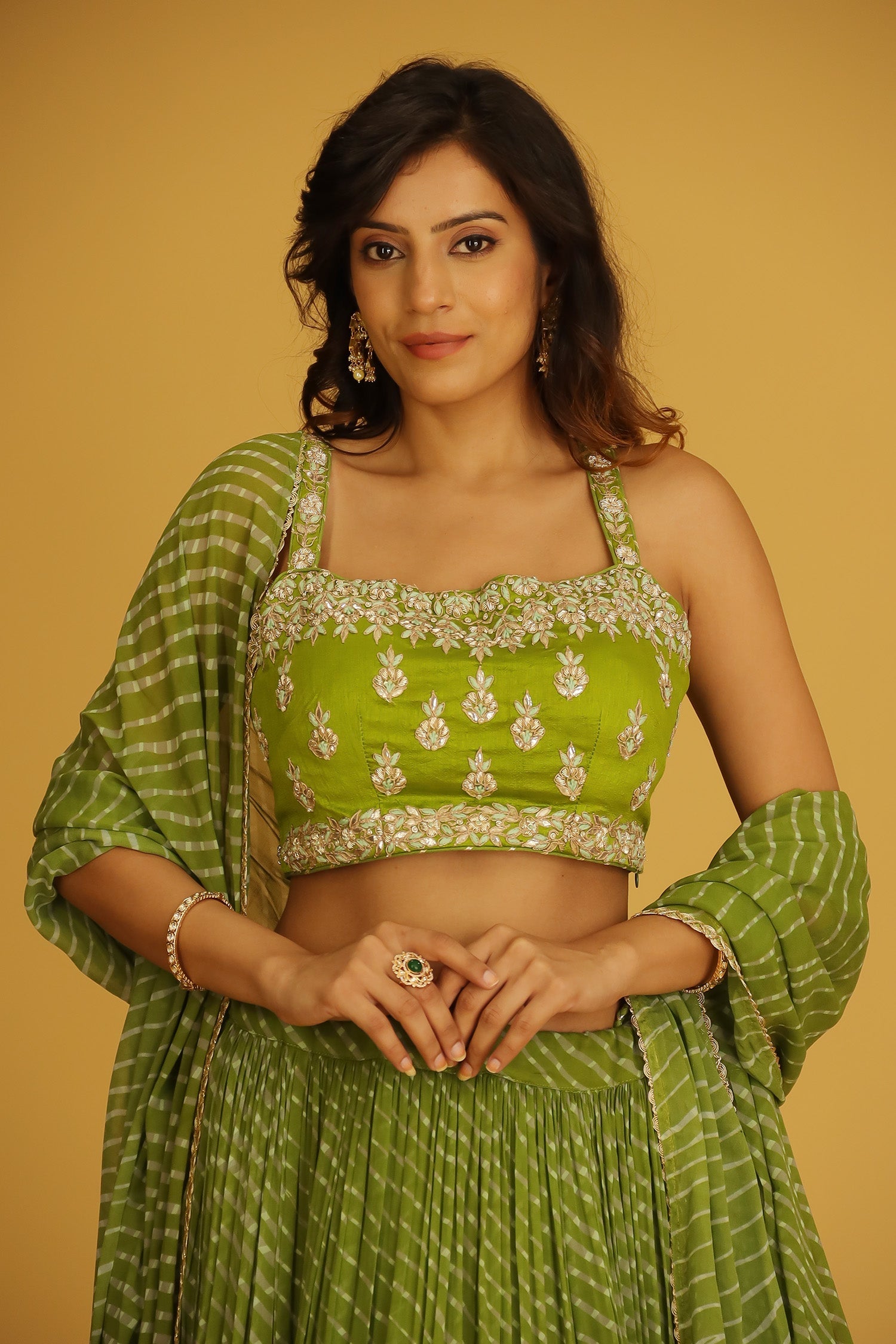 Leheriya Georgette Lehenga with Gota Patti and Mothra work.