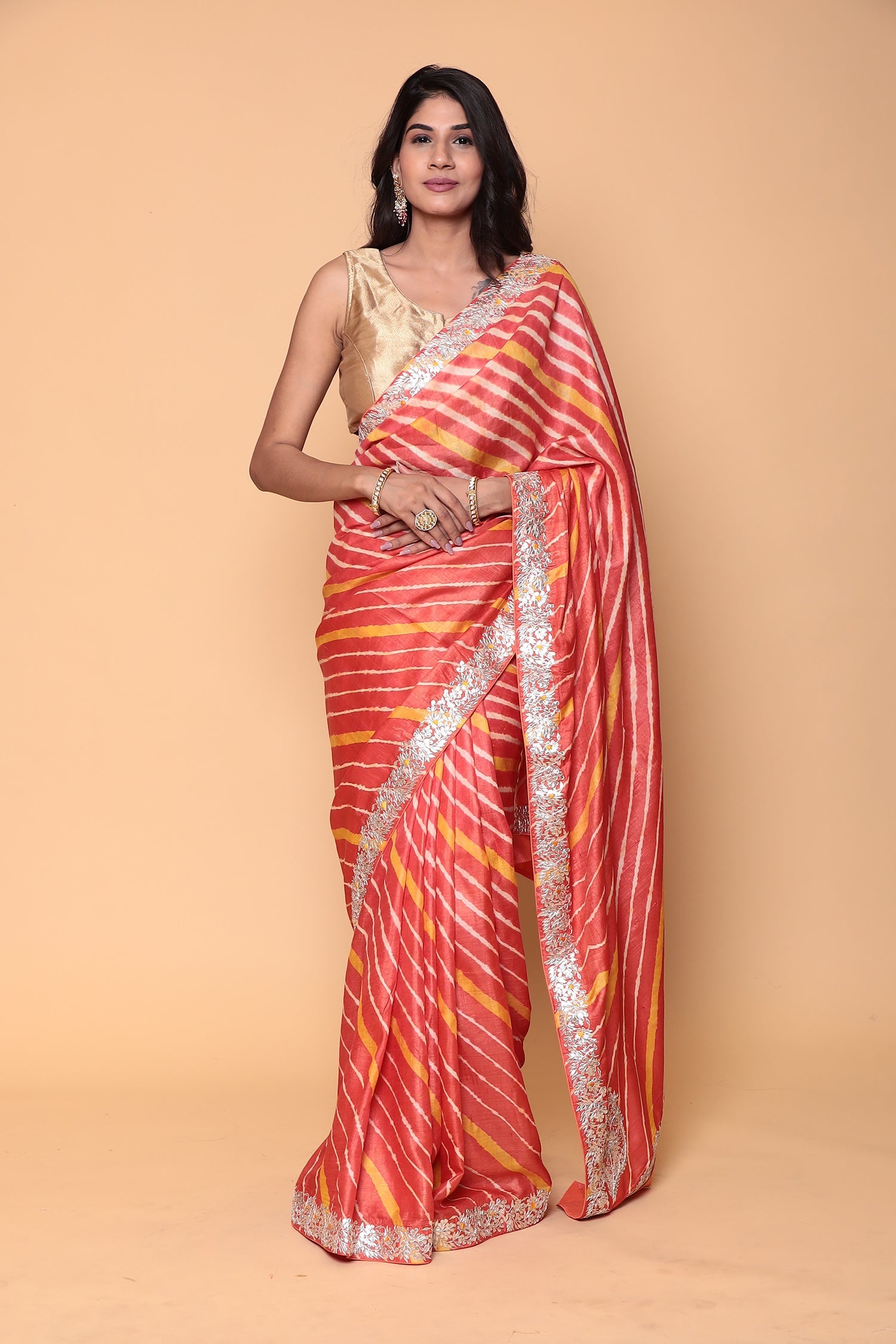 Leheriya Chanderi Saree with Gota Patti work.