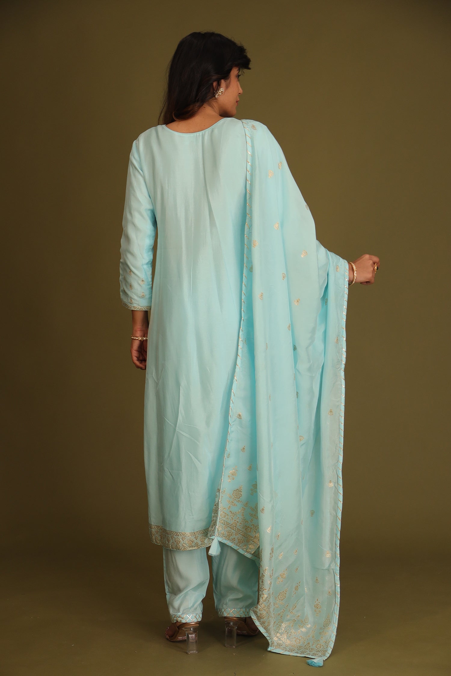 Handloom Chanderi Suit Embroidered with Gota Patti work.
